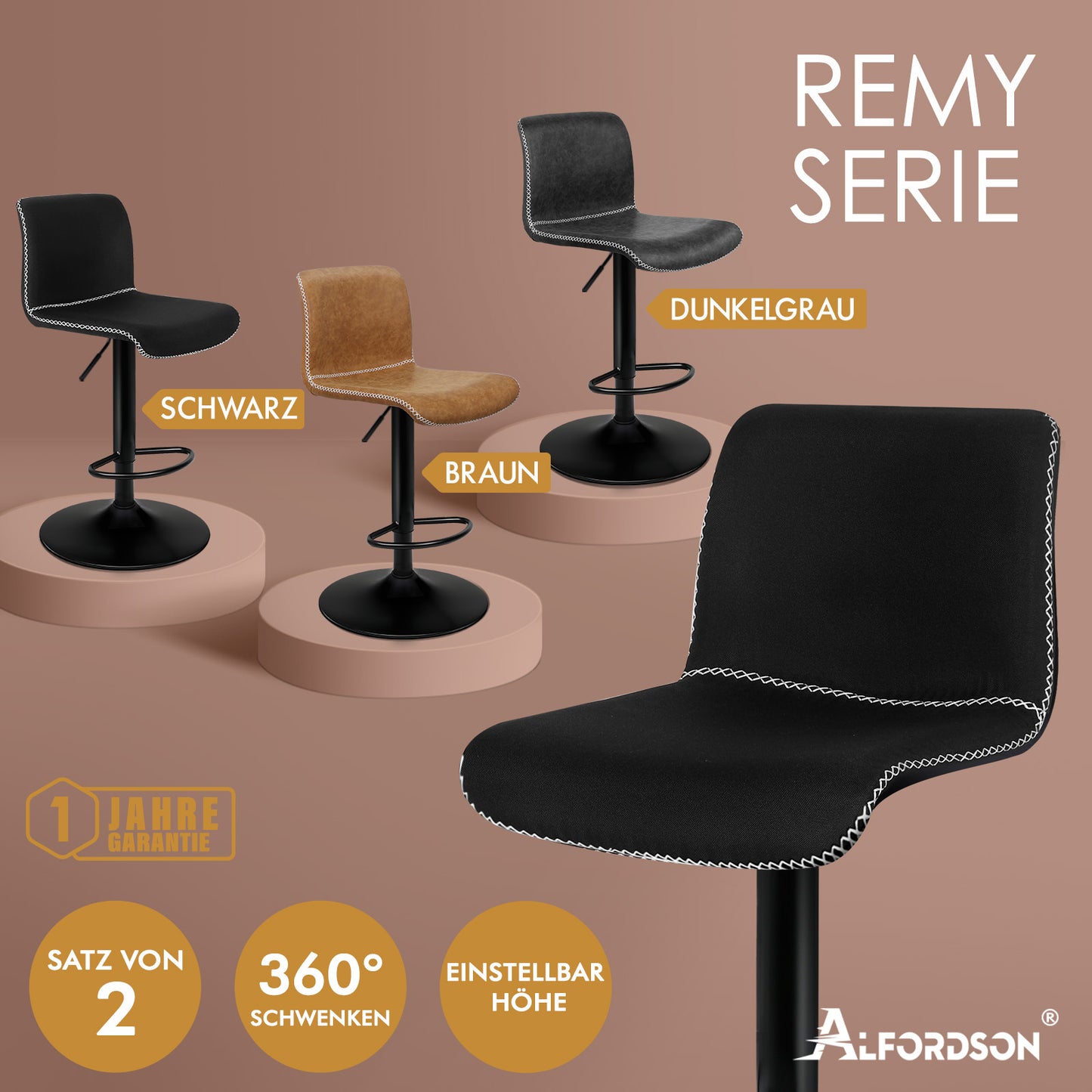 ALFORDSON 2 taburetes de bar Remy, silla de cocina con resorte de gas, silla giratoria de tela vintage, color negro