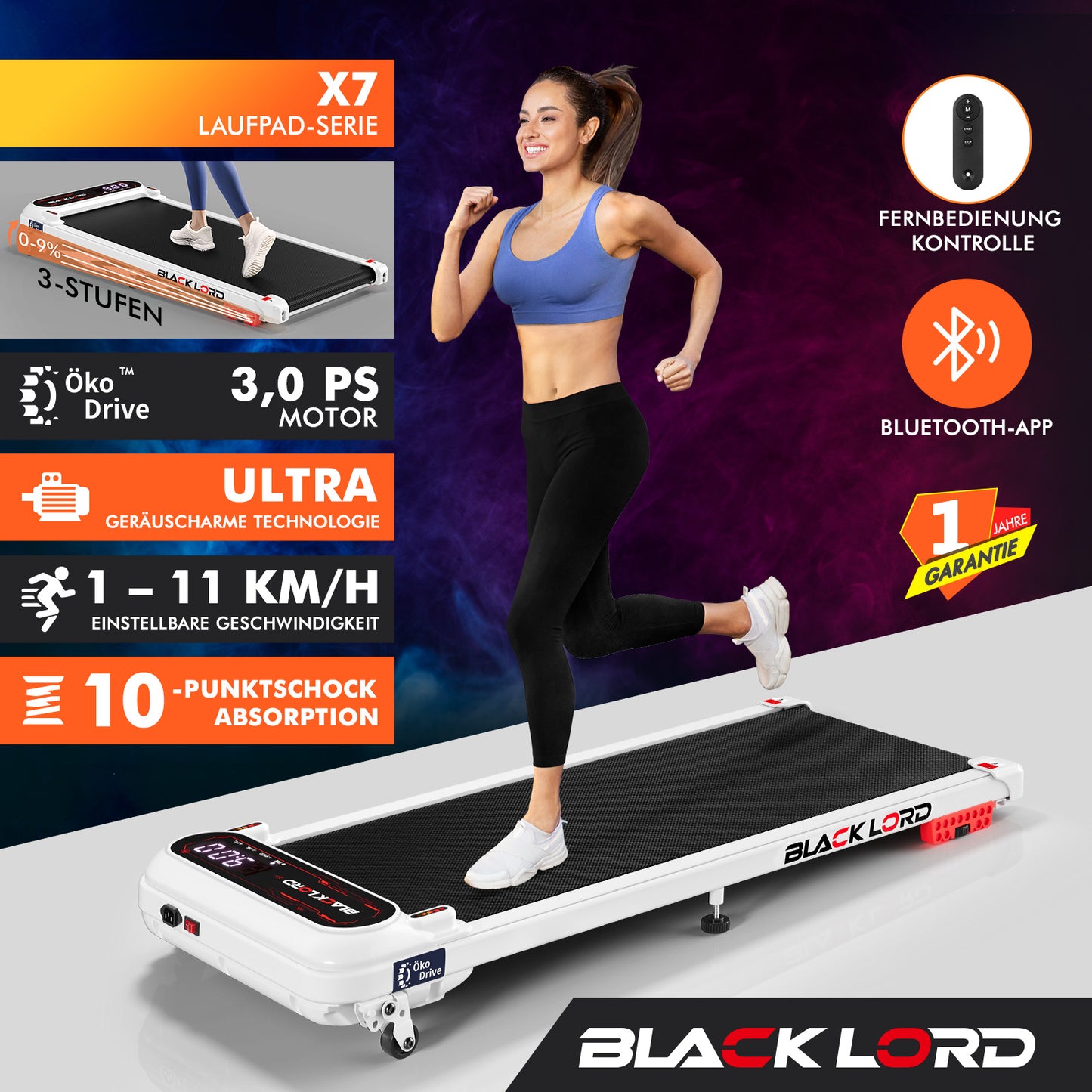 BLACK LORD Laufband Elektrisch Laufmatte  Neigung Stoßdämpfer Fitnessstudio, Weiß