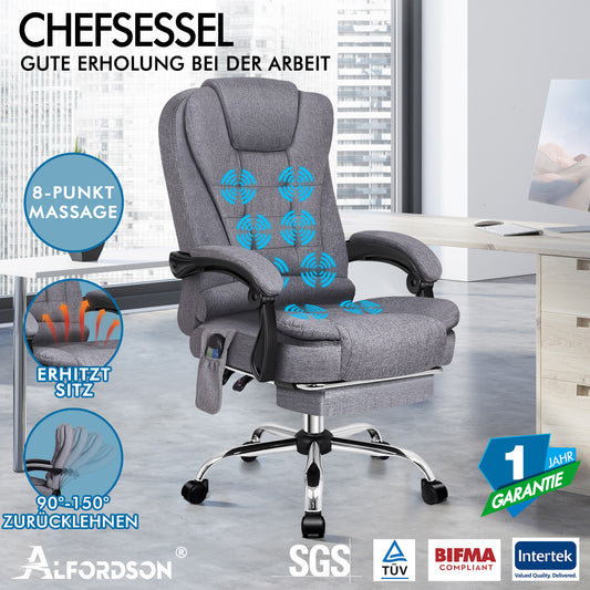 ALFORDSON Massage-Bürostuhl Stoff Beheizter Chef-Computersitz Grau
