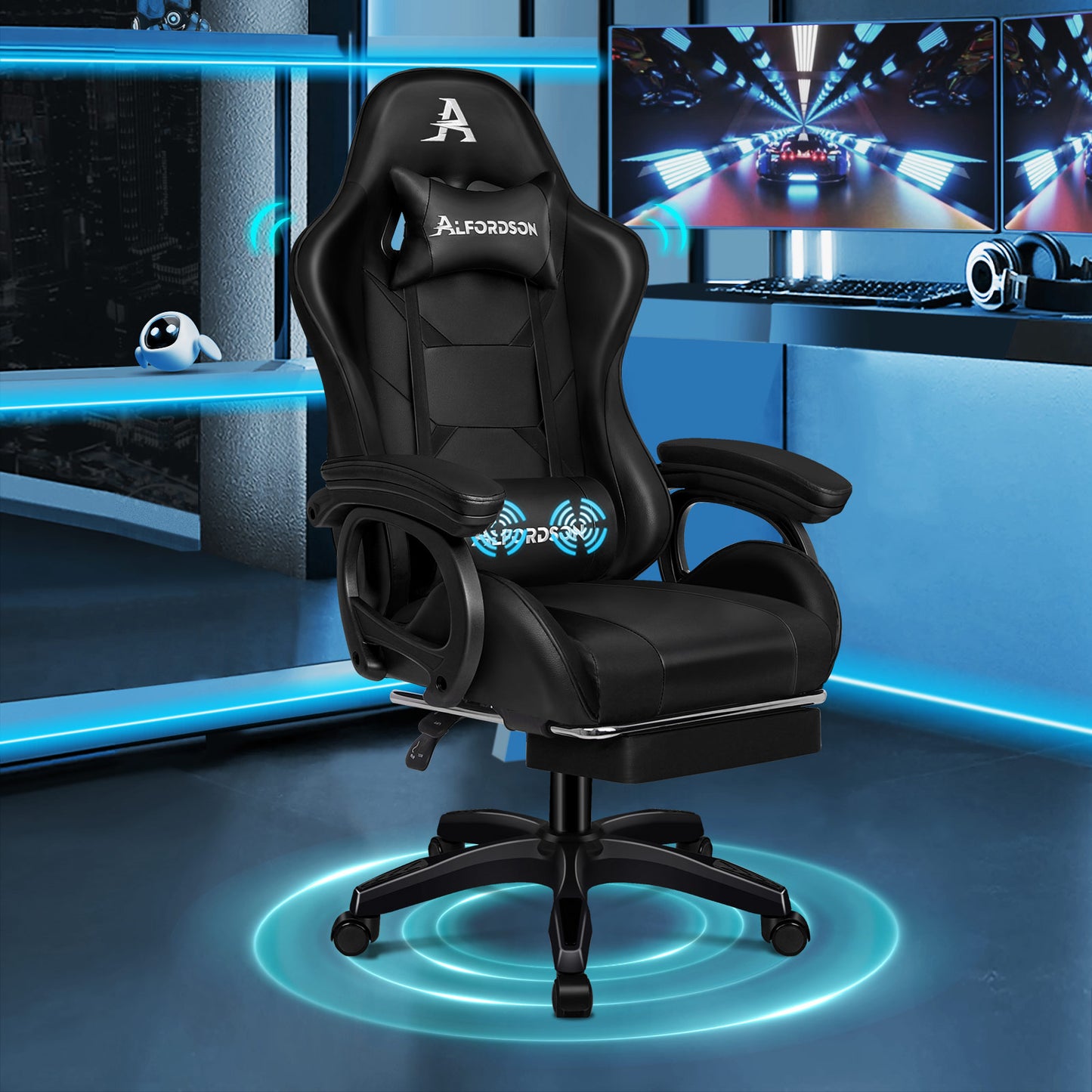 Silla gaming ALFORDSON con masaje de 2 puntos, silla de oficina con reposapiés, color negro