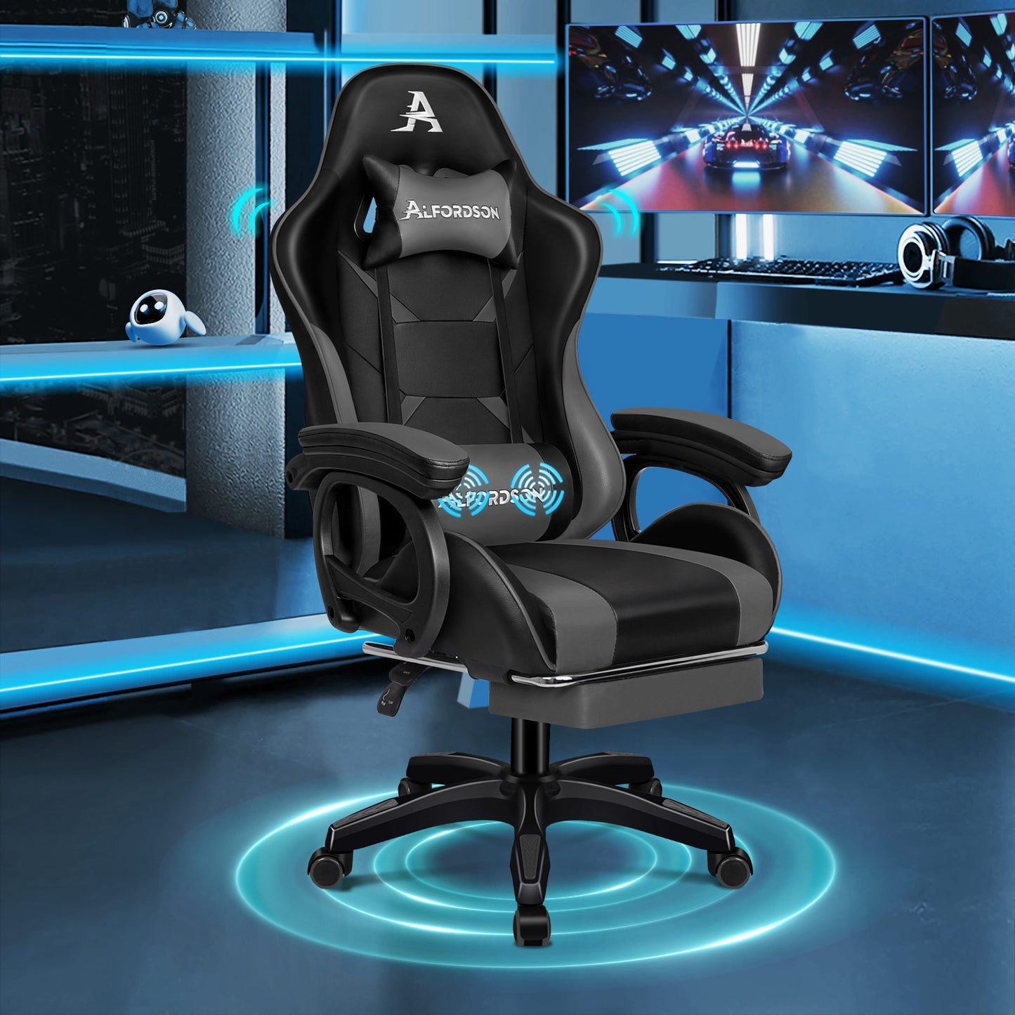 ALFORDSON Gaming Stuhl mit 2-Punkt Massage Bürostuhl mit Fußstütze Grau & Schwarz