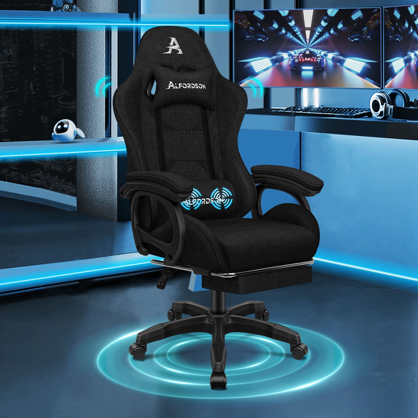 ALFORDSON Gaming Stuhl Büro Massage Computer Racing Stoff Sitz Fußstütze Schwarz