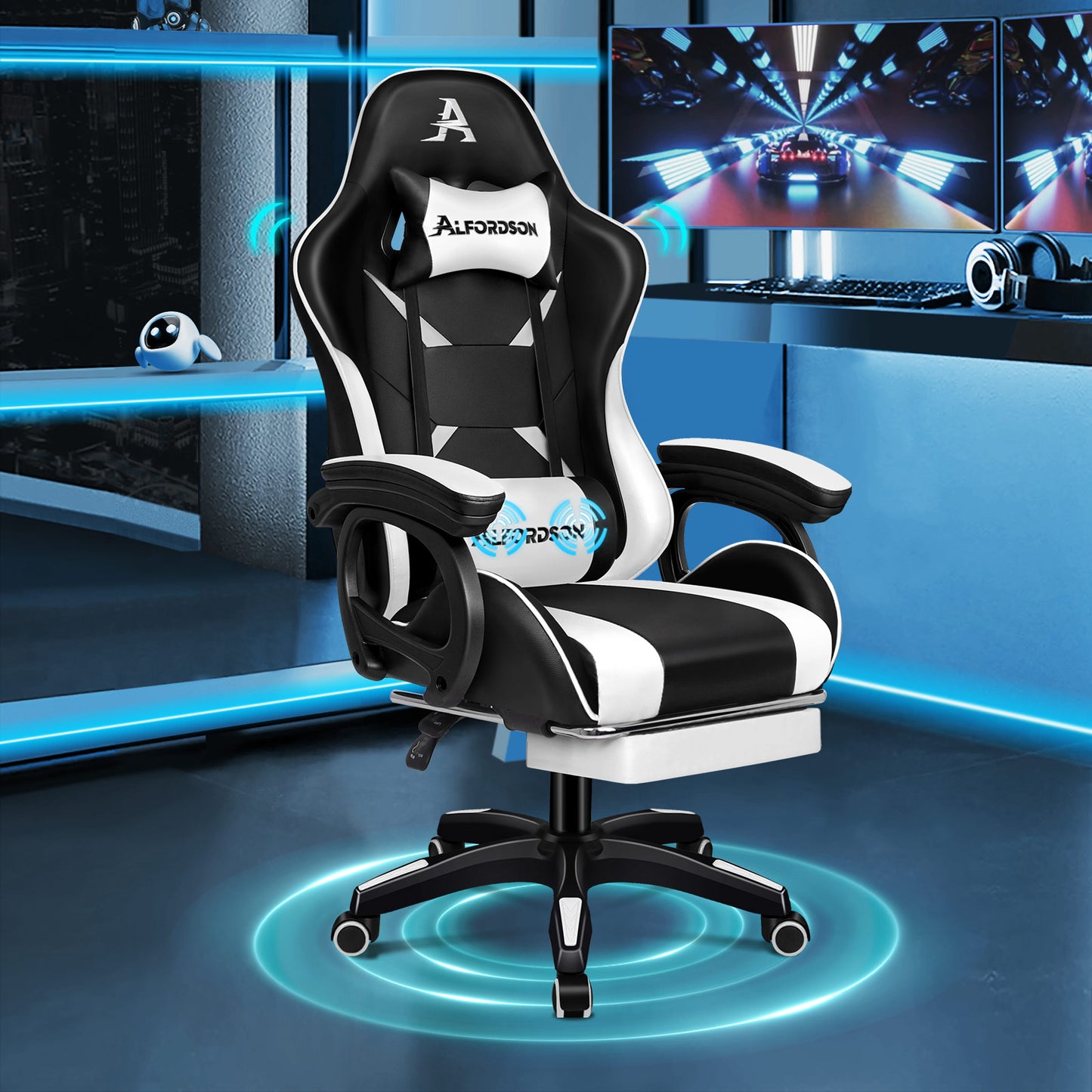Silla gaming ALFORDSON con masaje de 2 puntos, silla de oficina con reposapiés, color blanco y negro