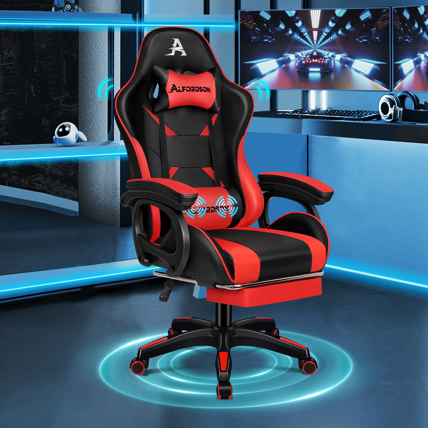 ALFORDSON Gaming Stuhl mit 2-Punkt Massage Bürostuhl mit Fußstütze Rot & Schwarz