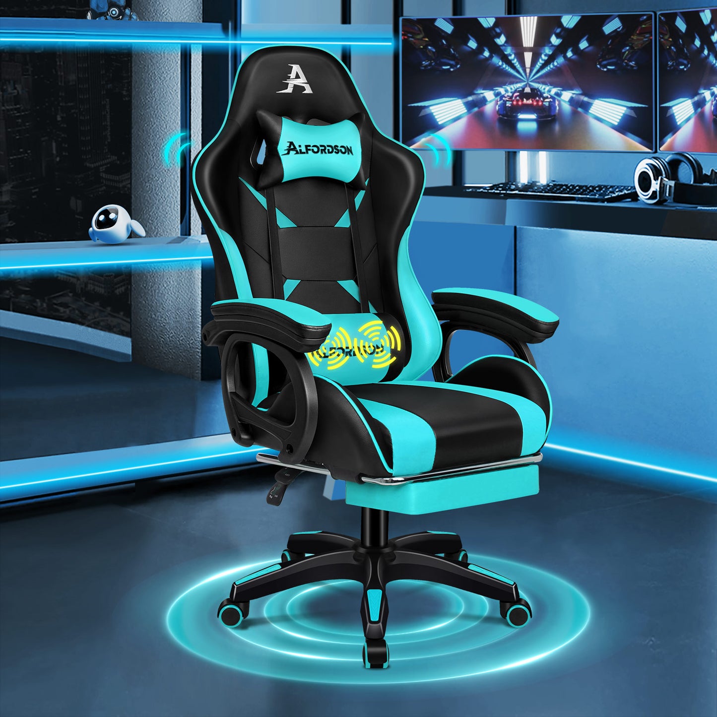 ALFORDSON Gaming Stuhl mit 2-Punkt Massage Bürostuhl mit Fußstütze Cyan & Schwarz