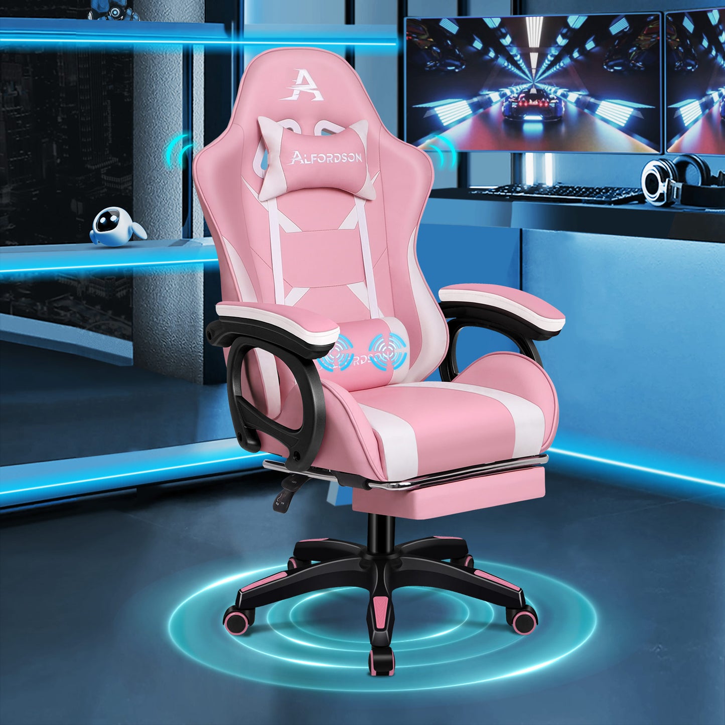 ALFORDSON Gaming Stuhl mit 2-Punkt Massage Bürostuhl mit Fußstütze Rosa & Weiß