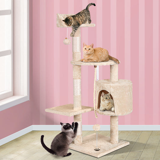 Kratzbaum mit Plüschball und Glocke – Beige, 112 cm