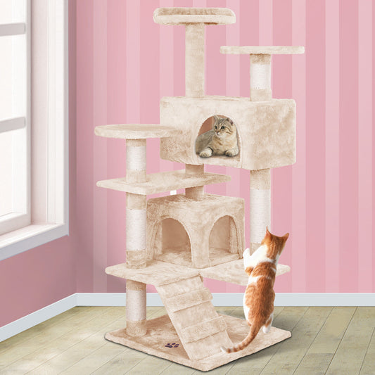 Kratzbaum, Kratzbaum mit Haus, Beige, 132 cm