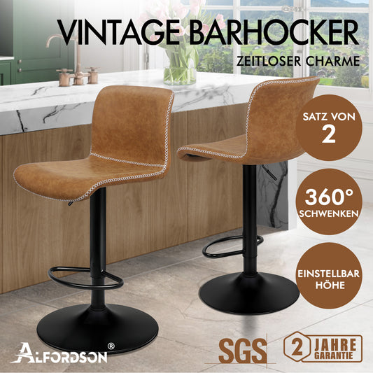 ALFORDSON 2x Barhocker Remy Küchenstuhl Gasdruckfeder Drehstuhl Vintage Leder, Braun
