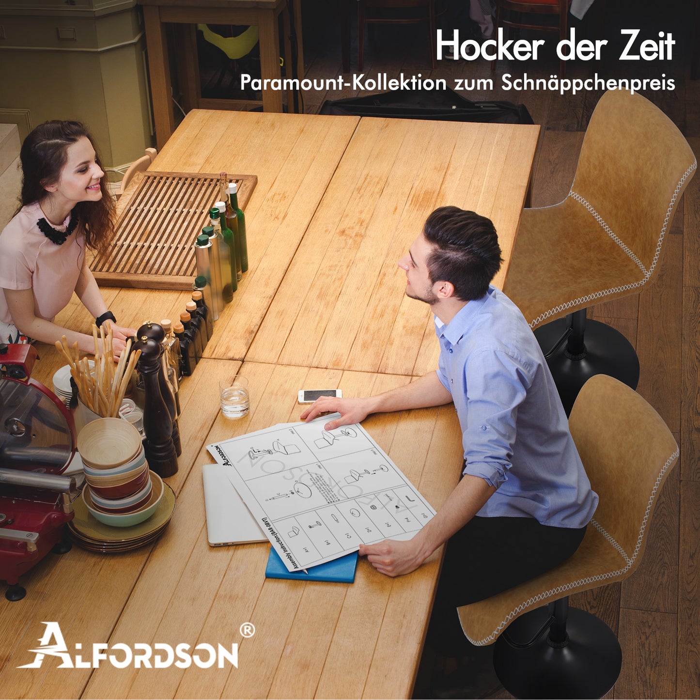 ALFORDSON 2x Barhocker Remy Küchenstuhl Gasdruckfeder Drehstuhl Vintage Leder, Braun