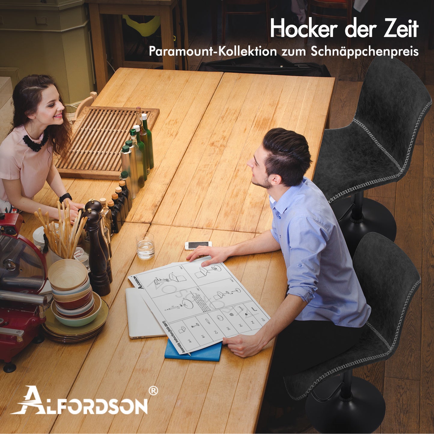 ALFORDSON 2x Barhocker Remy Küchenstuhl Gasdruckfeder Drehstuhl Vintage Leder, Dunkelgrau