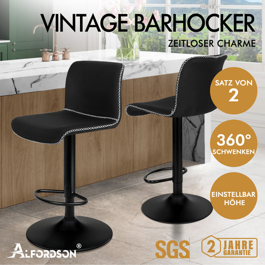 ALFORDSON 2x Barhocker Remy Küchenstuhl Gasdruckfeder Drehstuhl Vintage Stoff, Schwarz