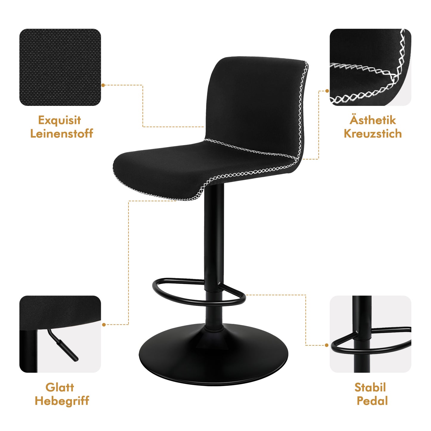 ALFORDSON 2 taburetes de bar Remy, silla de cocina con resorte de gas, silla giratoria de tela vintage, color negro