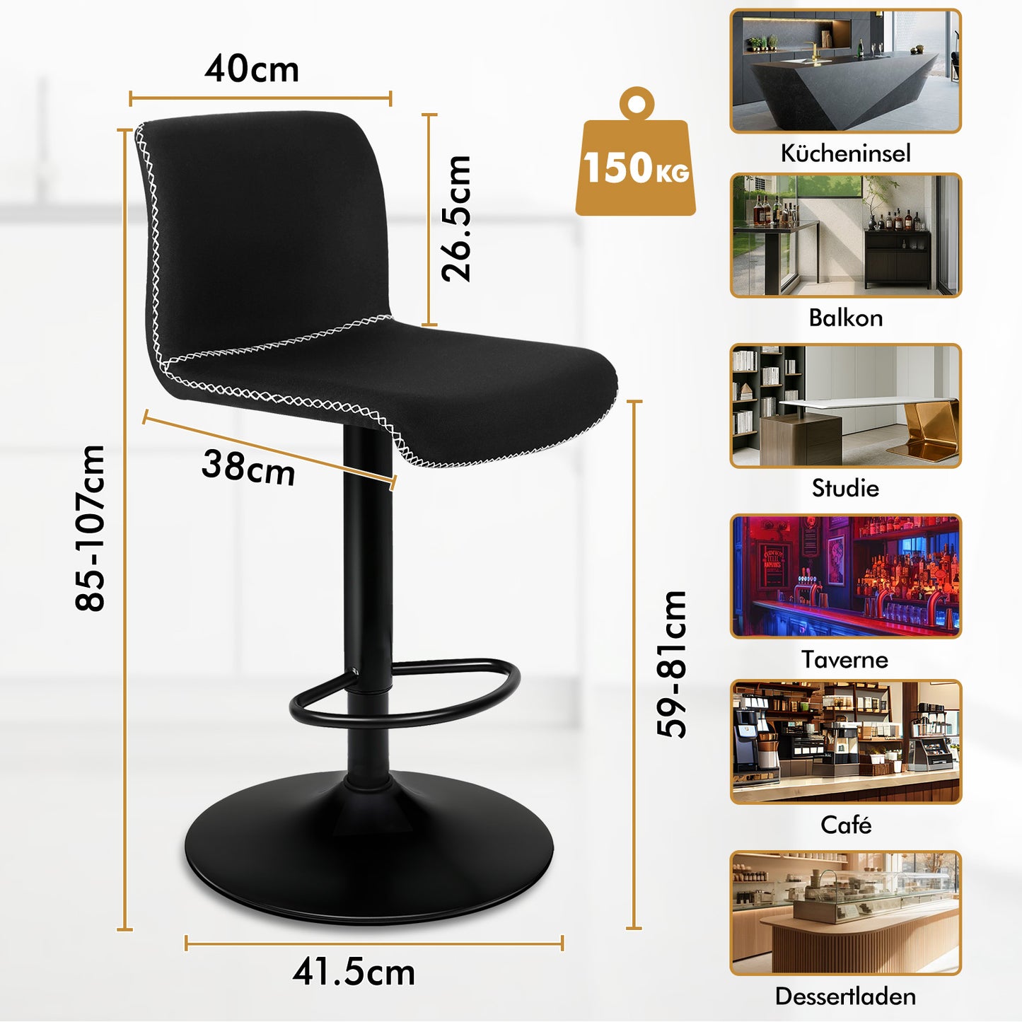 ALFORDSON 2 taburetes de bar Remy, silla de cocina con resorte de gas, silla giratoria de tela vintage, color negro