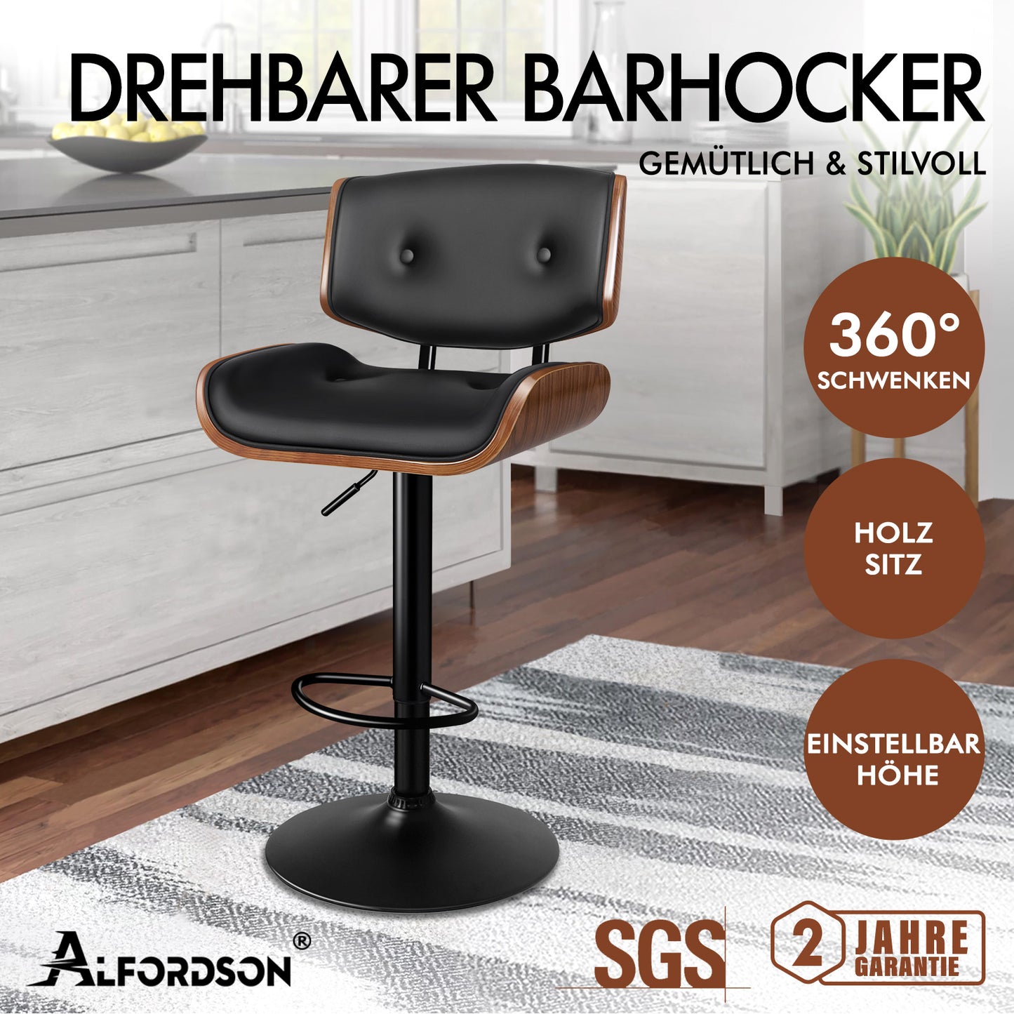 ALFORDSON 1x Barhocker Küchendrehstuhl Holz Leder Gasdruckfeder Kayla