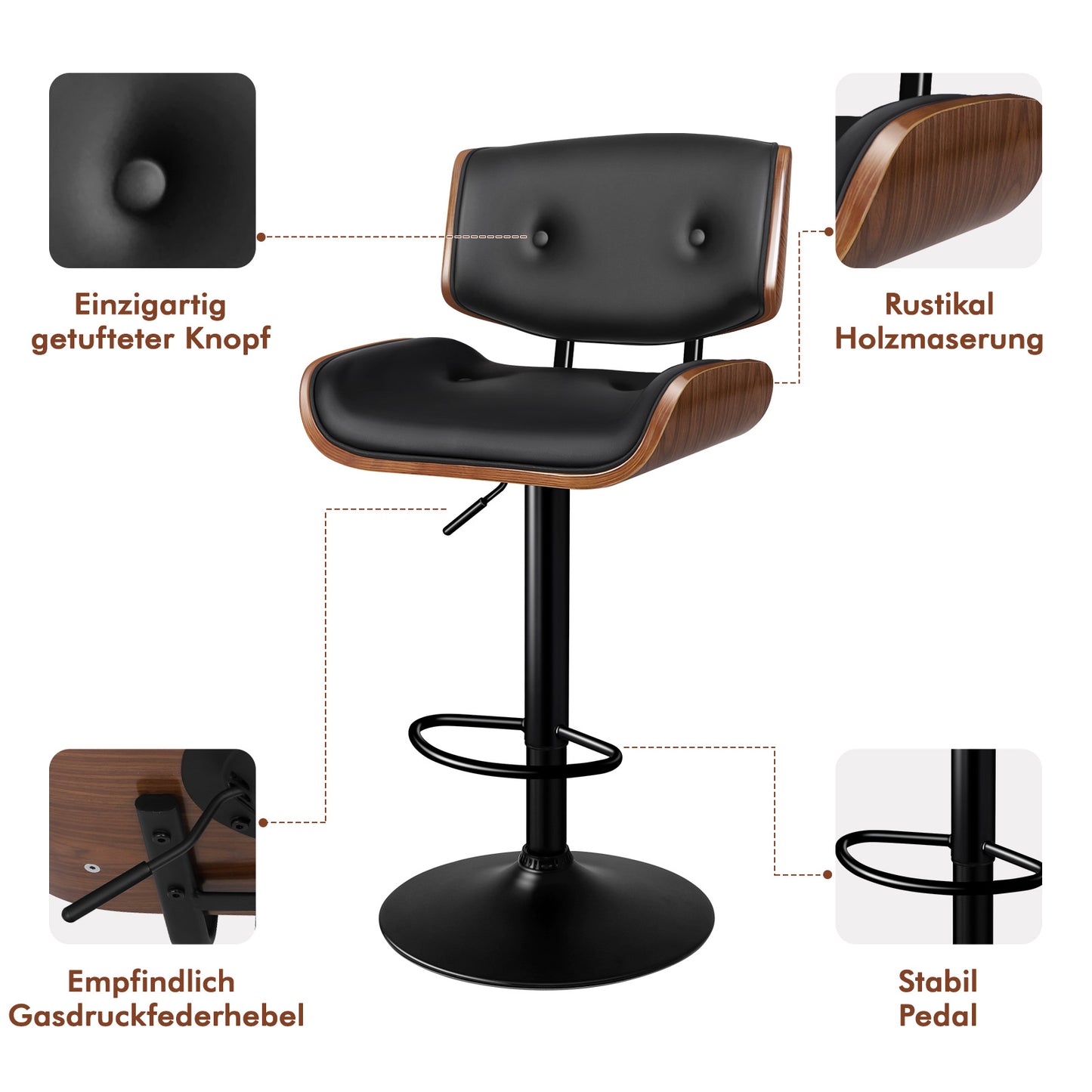 ALFORDSON 1x Barhocker Küchendrehstuhl Holz Leder Gasdruckfeder Kayla
