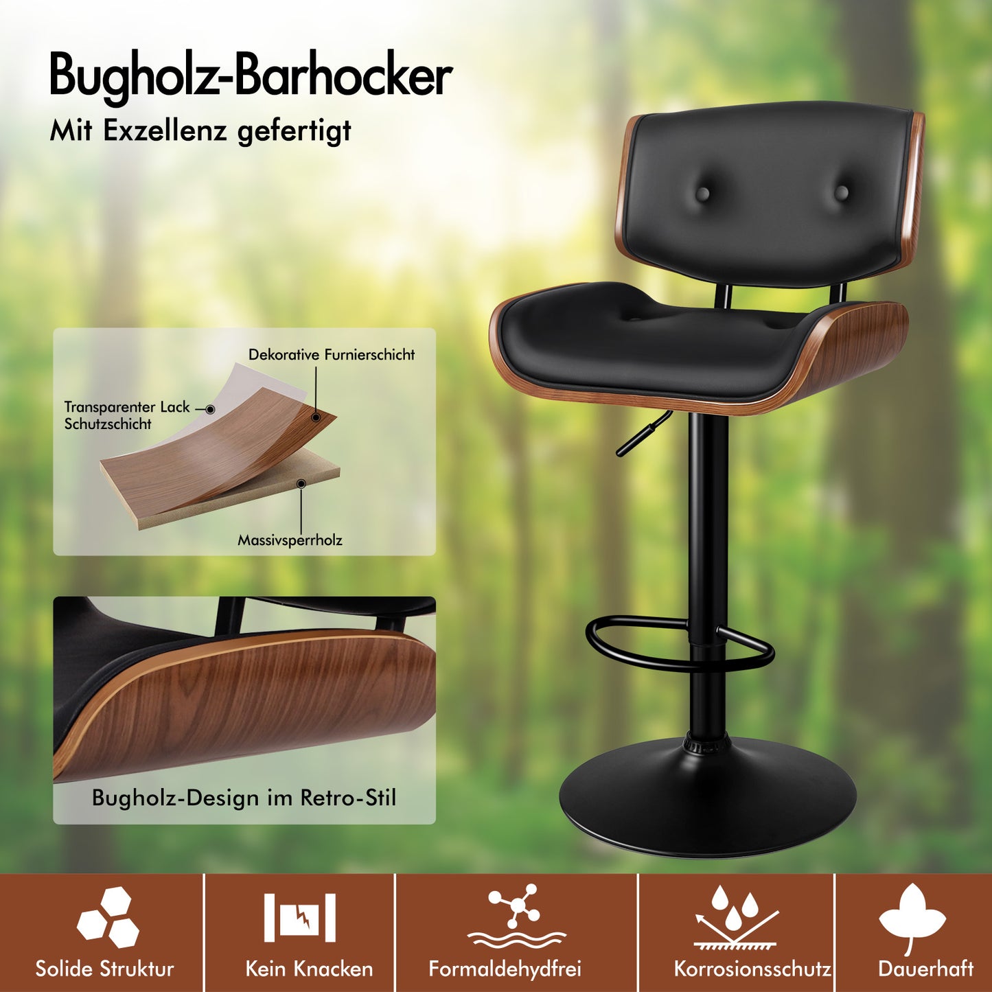 ALFORDSON 1x Barhocker Küchendrehstuhl Holz Leder Gasdruckfeder Kayla
