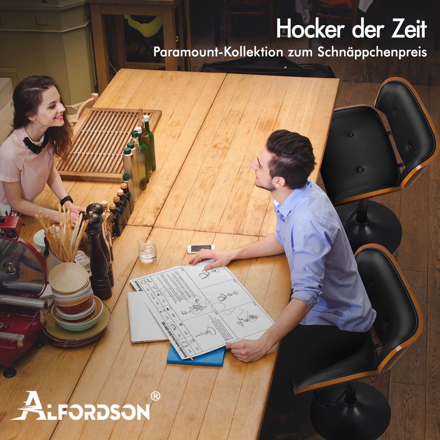 ALFORDSON 1x Barhocker Küchendrehstuhl Holz Leder Gasdruckfeder Kayla