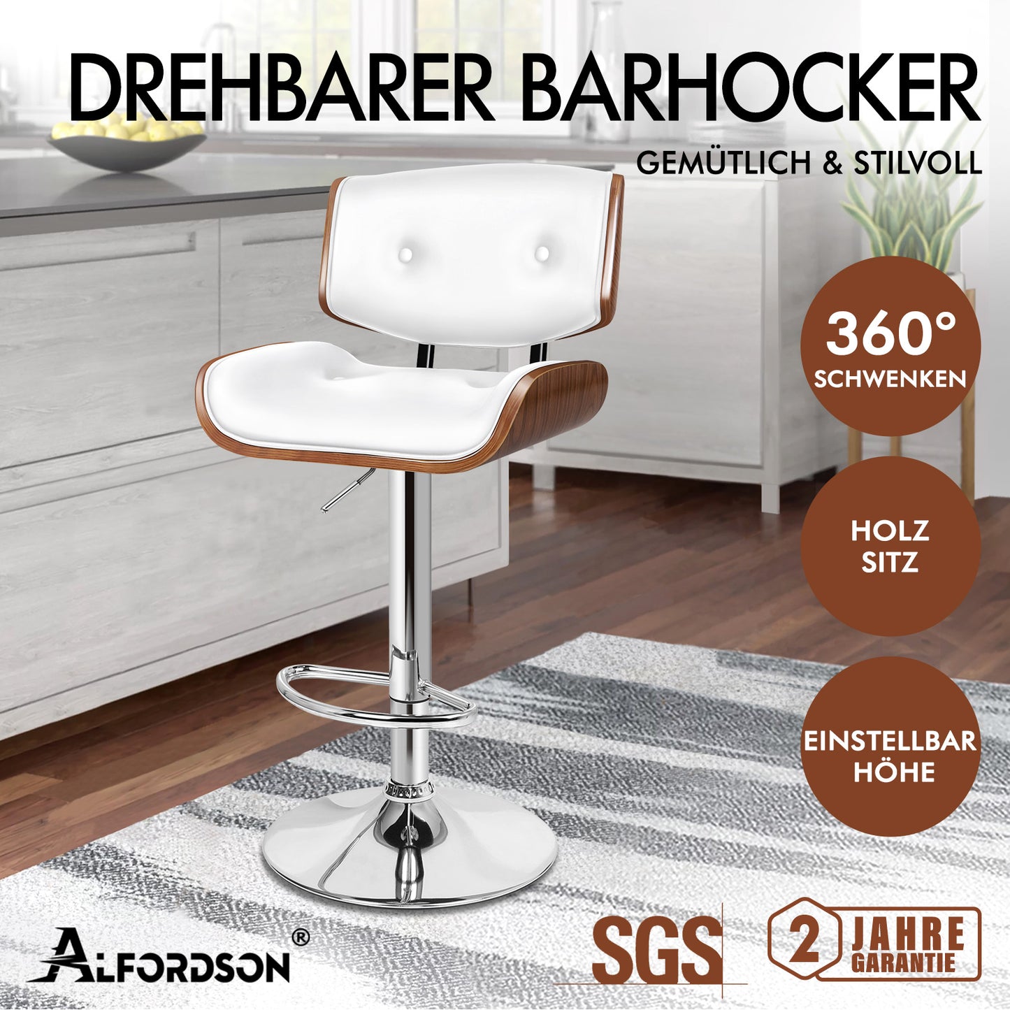 ALFORDSON 1x Barhocker Küchendrehstuhl Holzstuhl Leder Odette Weiß