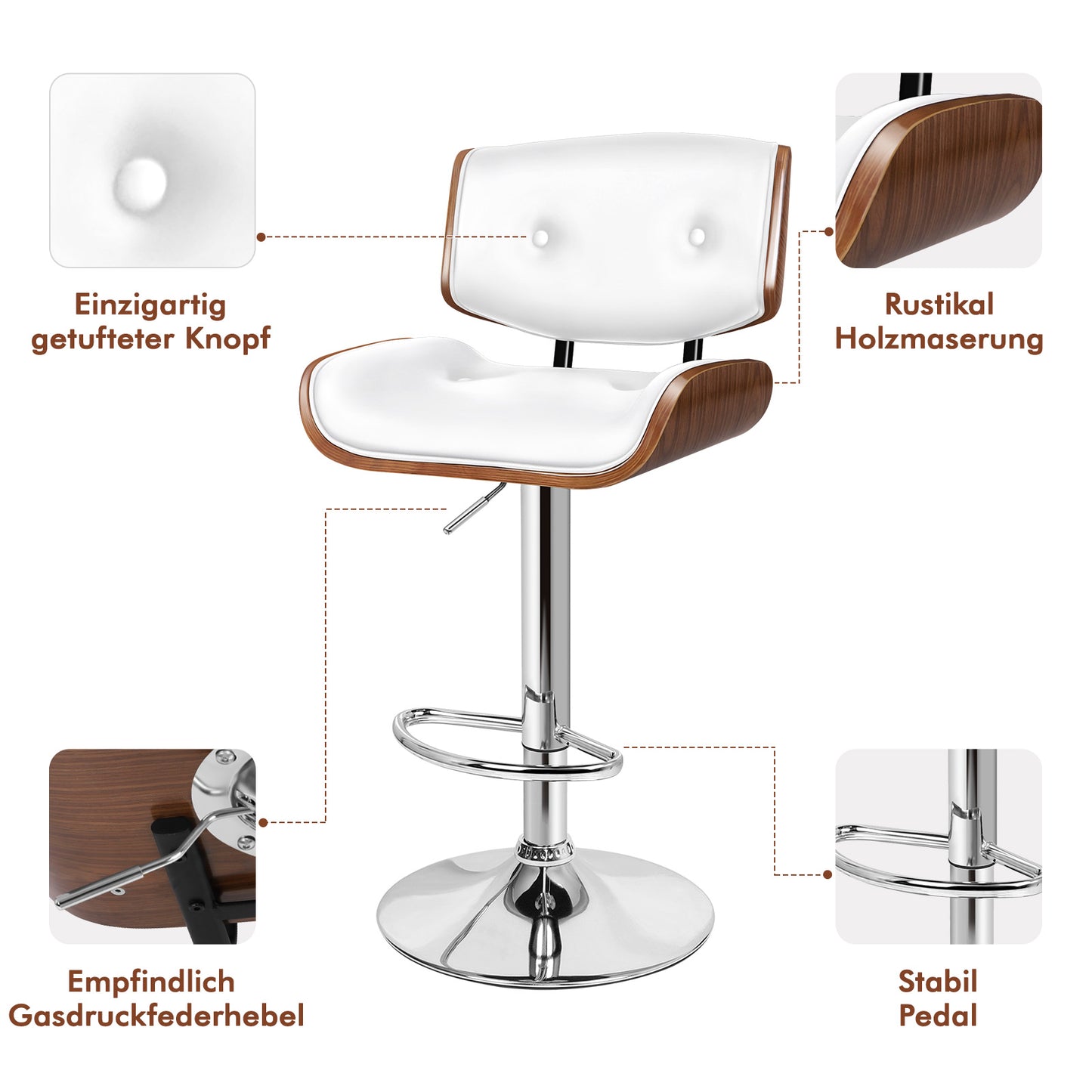 ALFORDSON 1x Barhocker Küchendrehstuhl Holzstuhl Leder Odette Weiß