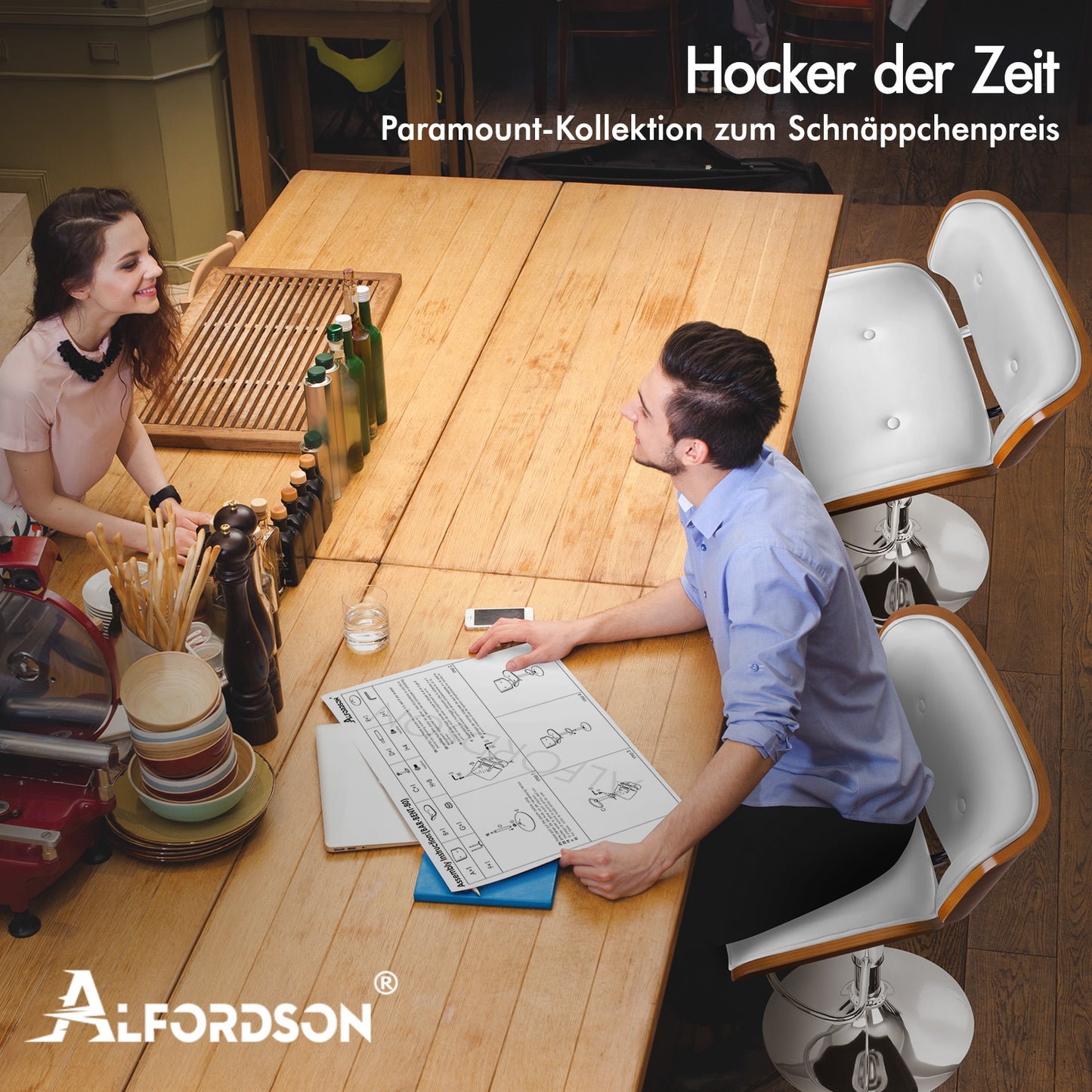 ALFORDSON 1x Barhocker Küchendrehstuhl Holzstuhl Leder Odette Weiß