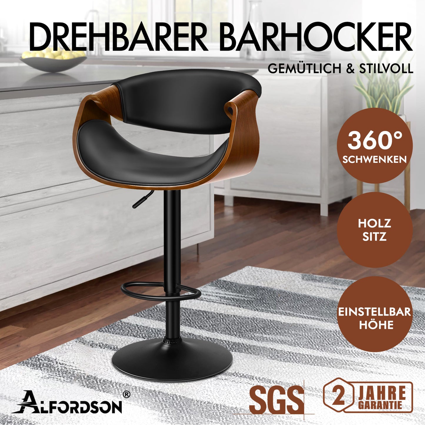 ALFORDSON 1x Barhocker Küchendrehstuhl Holz Leder Gasdruckfeder Trice