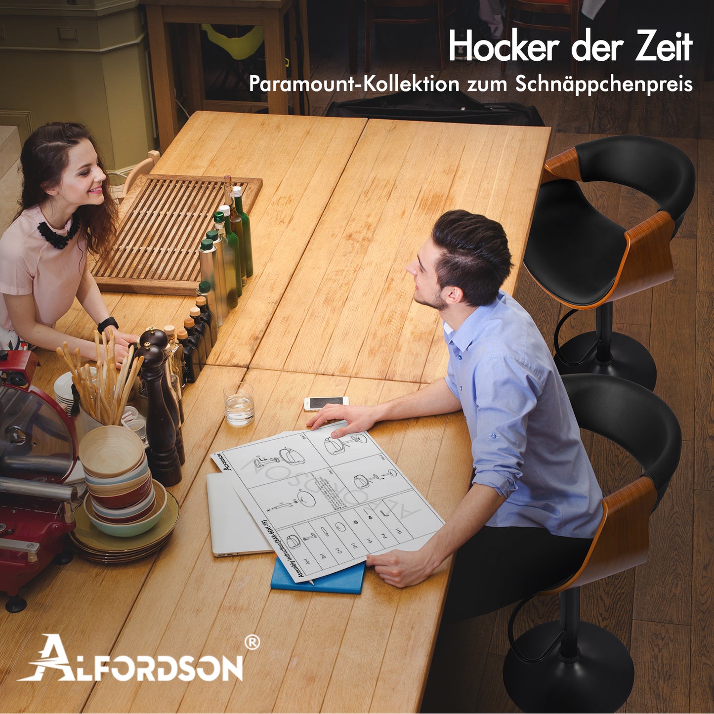 ALFORDSON 1x Barhocker Küchendrehstuhl Holz Leder Gasdruckfeder Trice