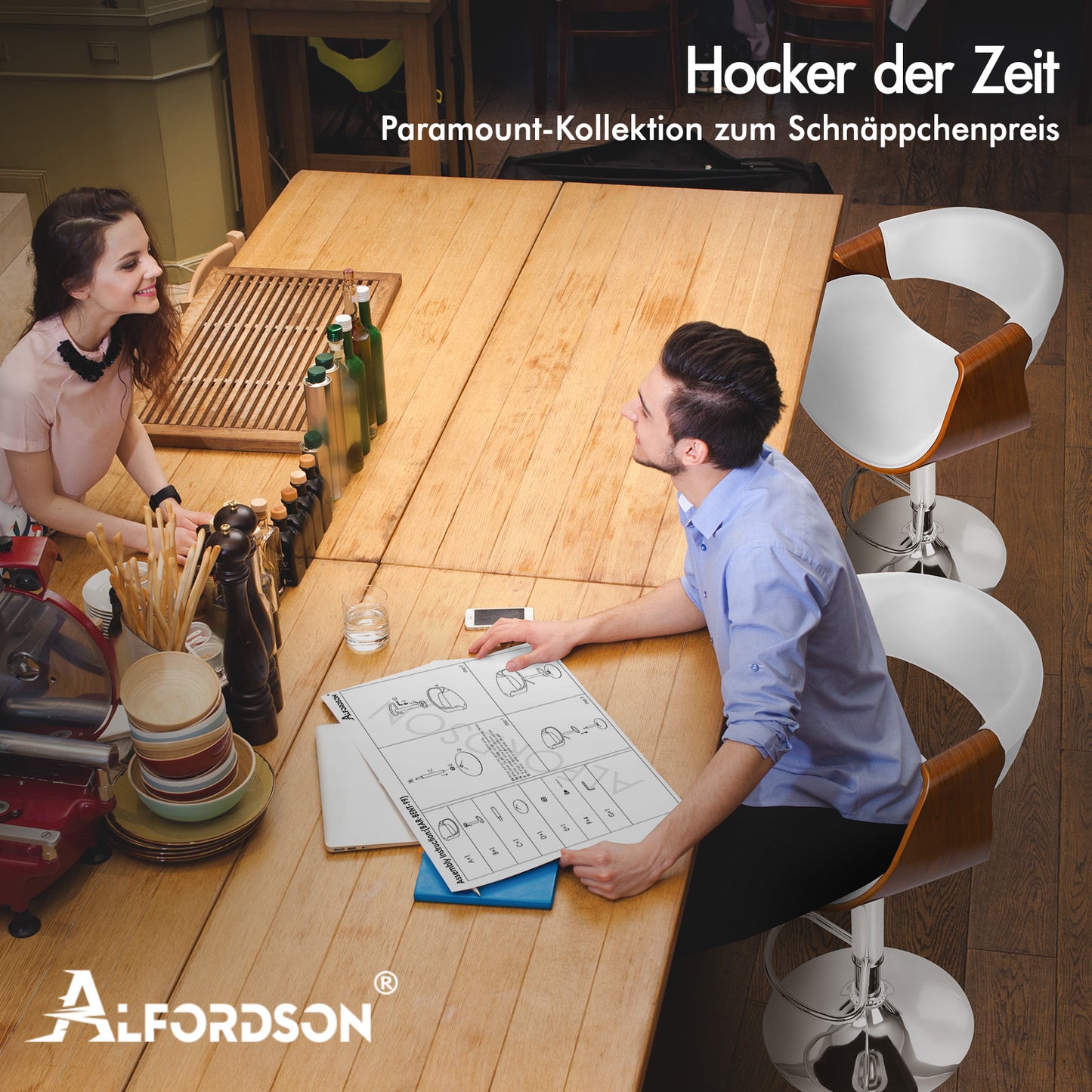 ALFORDSON 1x Barhocker Küchenstuhl Drehstuhl Holz Leder Trice Weiß