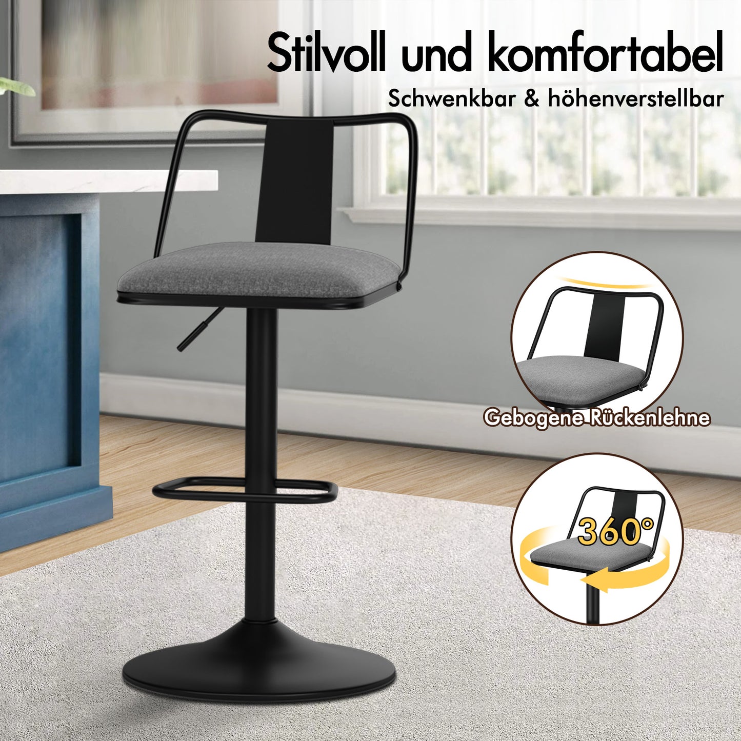 ALFORDSON 2x Barhocker Gaslift Stoff Barstühle Küche Swivel Gloria GRAU