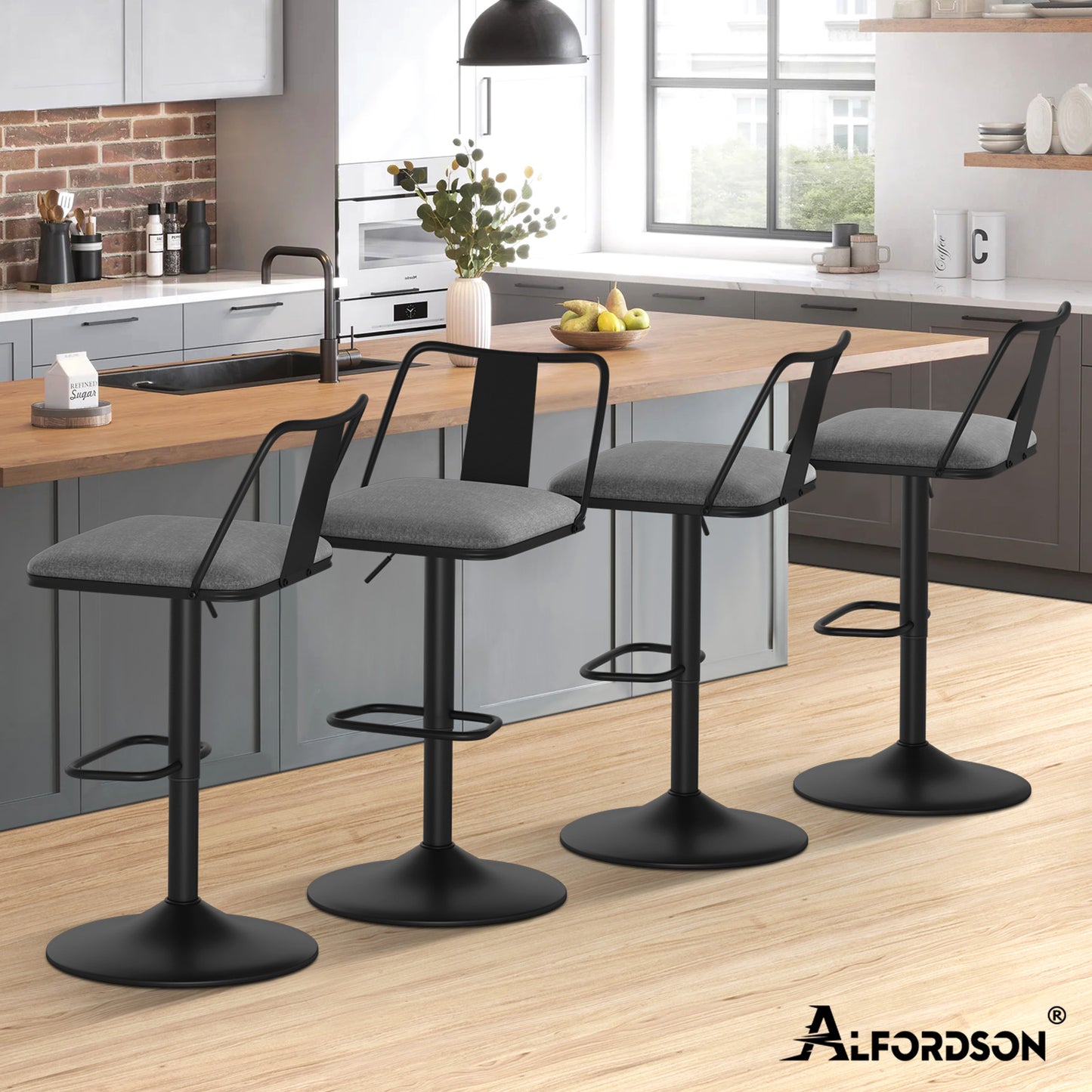 ALFORDSON 2x Barhocker Gaslift Stoff Barstühle Küche Swivel Gloria GRAU
