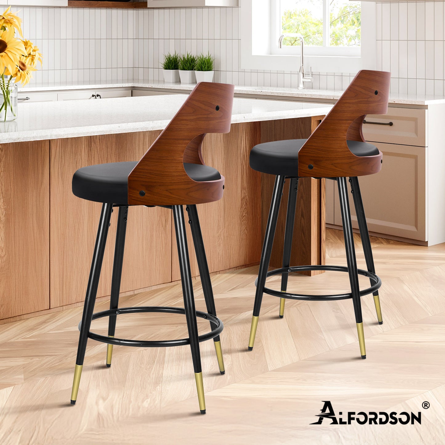 ALFORDSON 2 taburetes de bar giratorios Morgan Kitchen Silla de comedor de madera negra