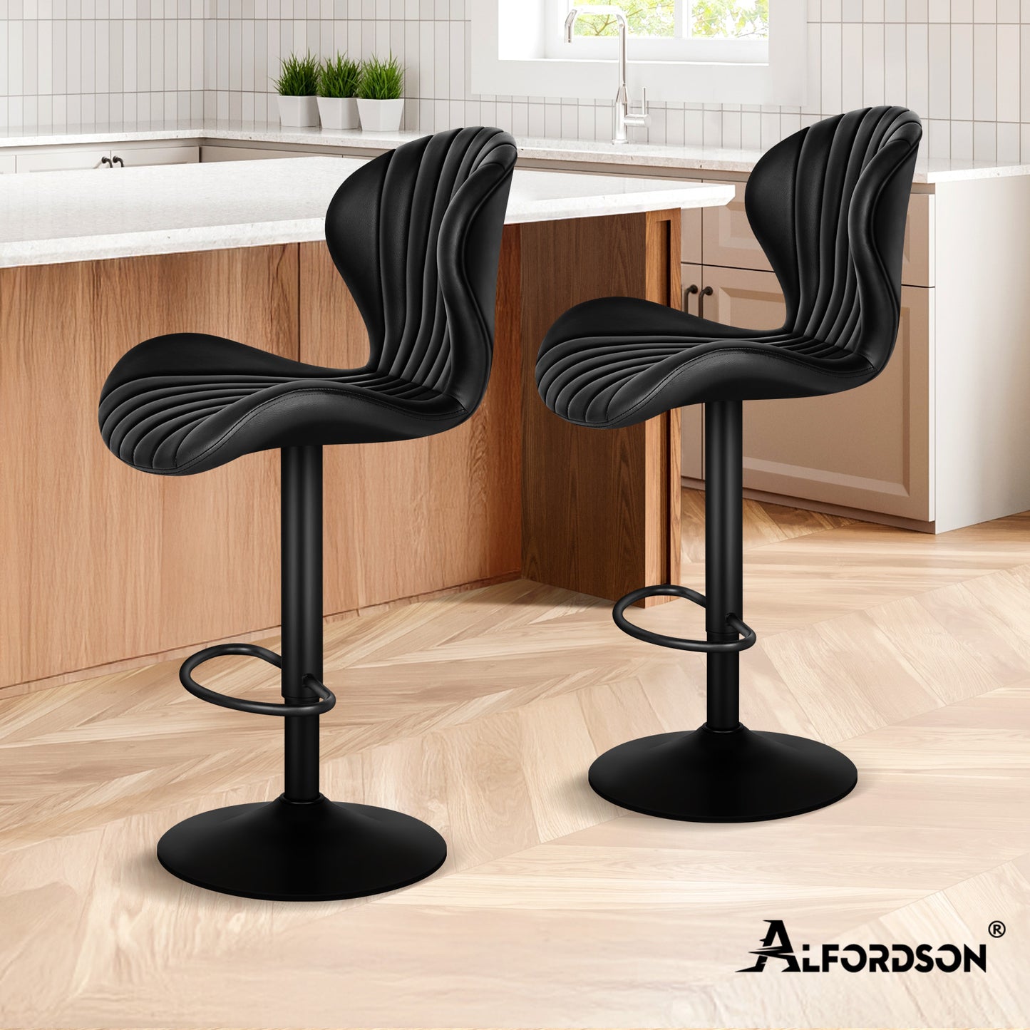 ALFORDSON 2x  Barhocker Gaslift Leder Barstühle Küche Drehbar Stella BLACK