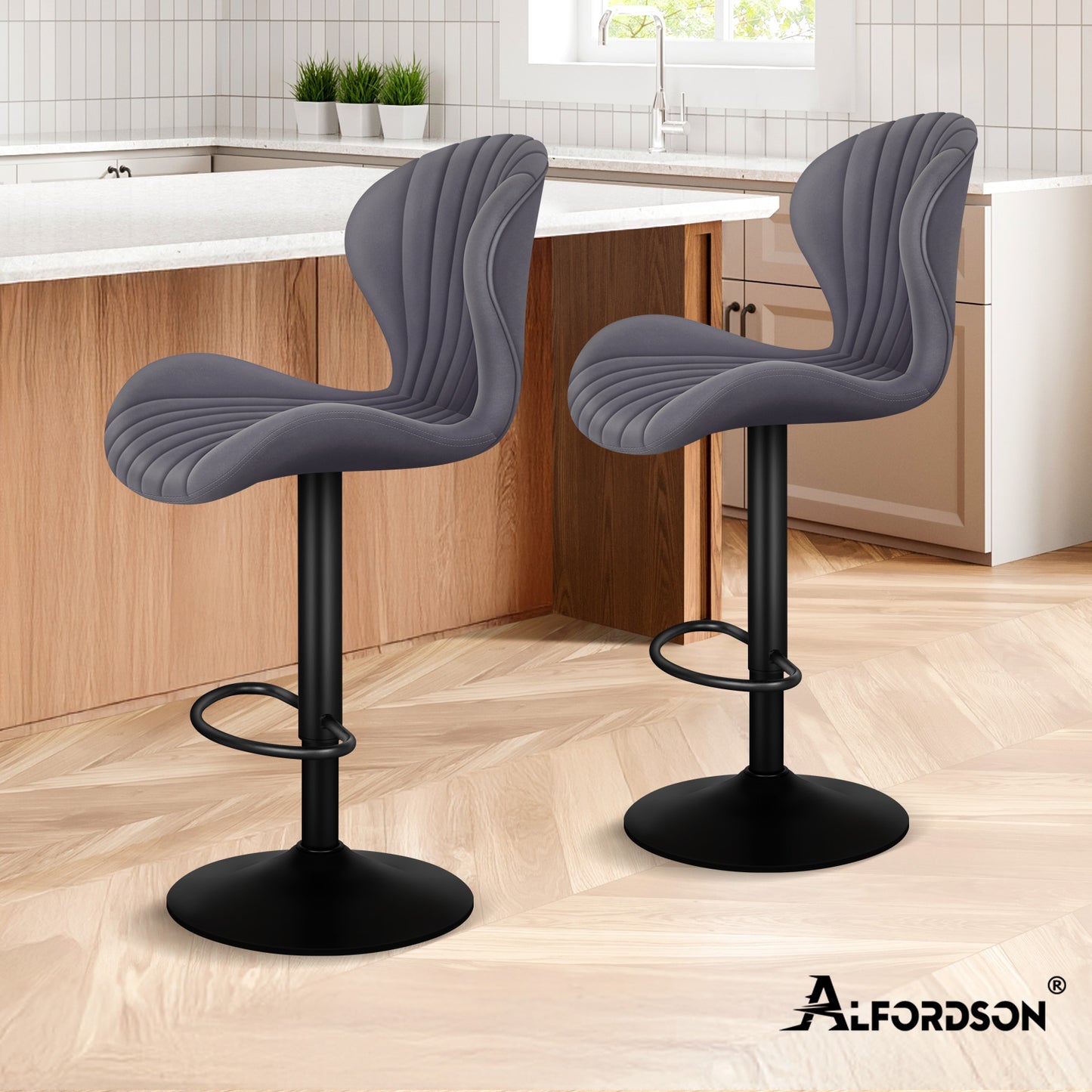 ALFORDSON 2 taburetes de bar de cuero con elevación a gas, sillas de bar de cocina giratorias, color gris Stella