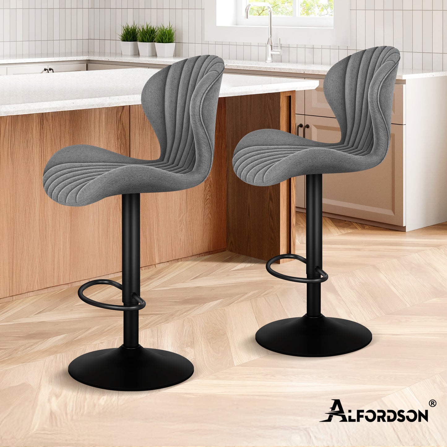 ALFORDSON 2x Barhocker Gaslift Stoff Barstühle Küche Drehbar Stella Grau
