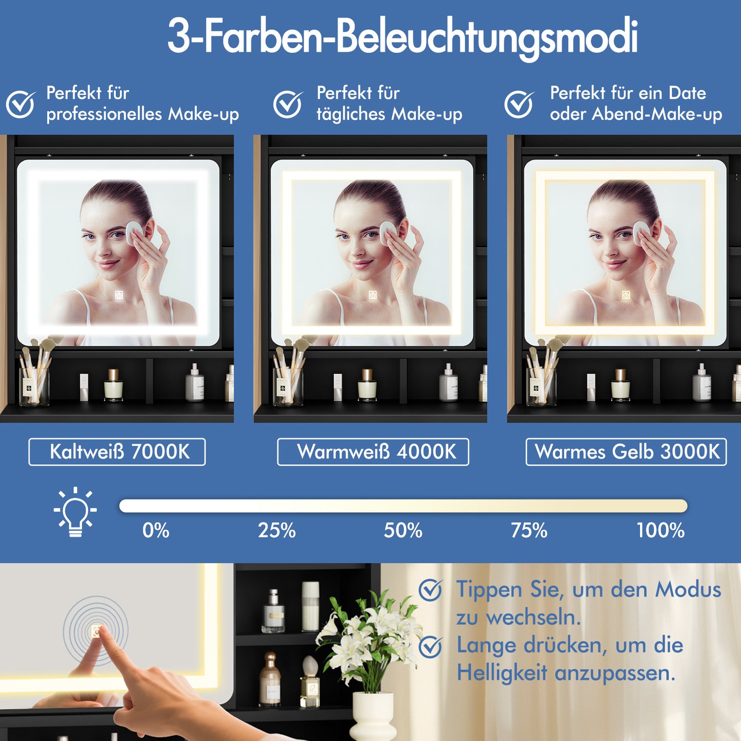 ALFORDSON Frisiertisch-Hocker-Set Schminktisch LED Schrank Schminkspiegel