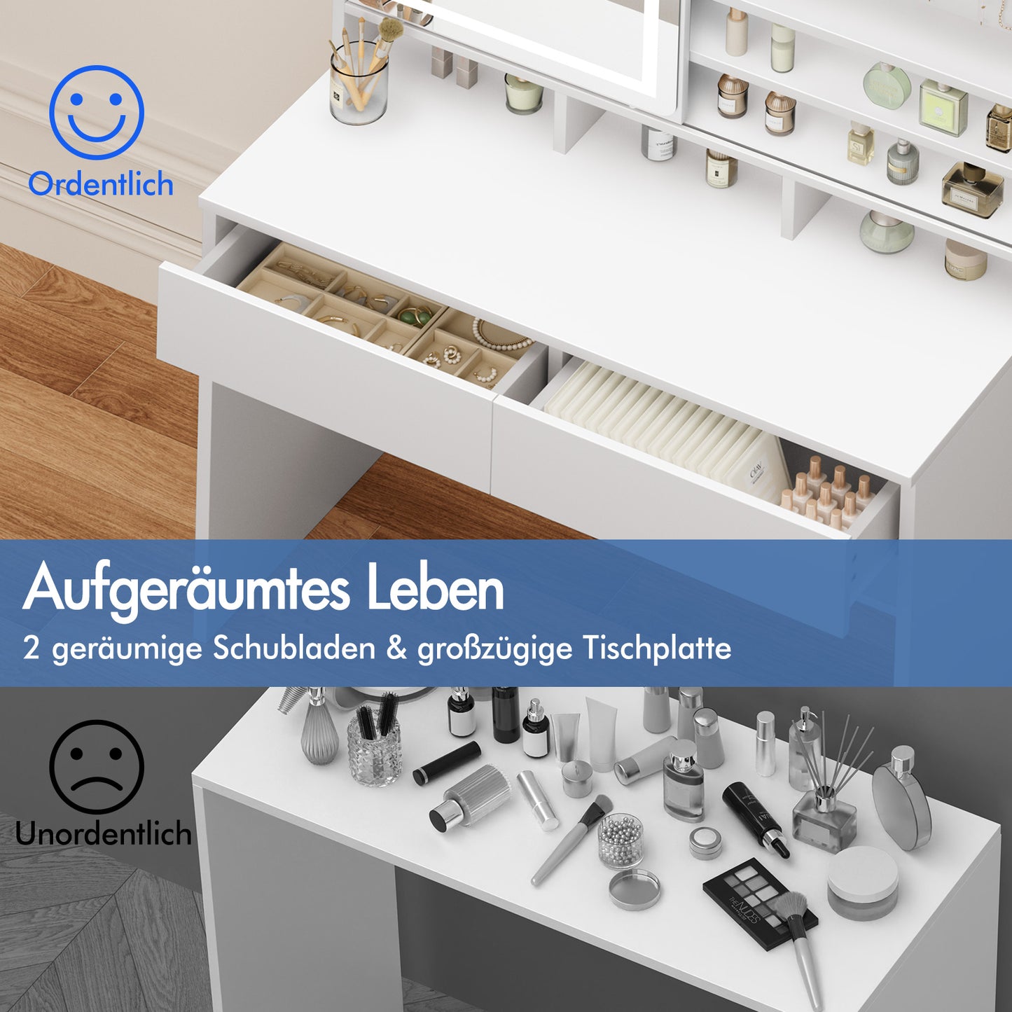 ALFORDSON Frisiertisch-Hocker-Set Schminktisch Spiegel Schrank Schminktisch Weiß