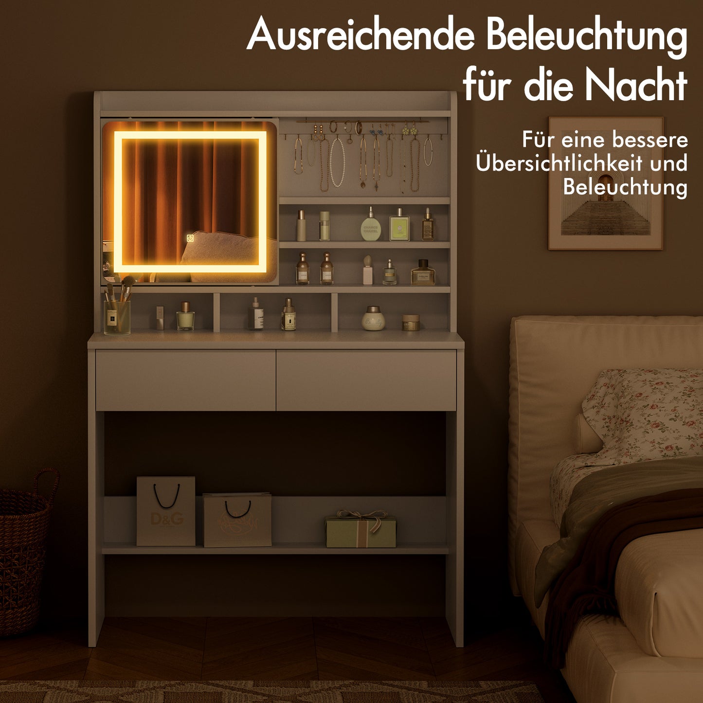 ALFORDSON Frisiertisch-Hocker-Set Schminktisch Spiegel Schrank Schminktisch Weiß