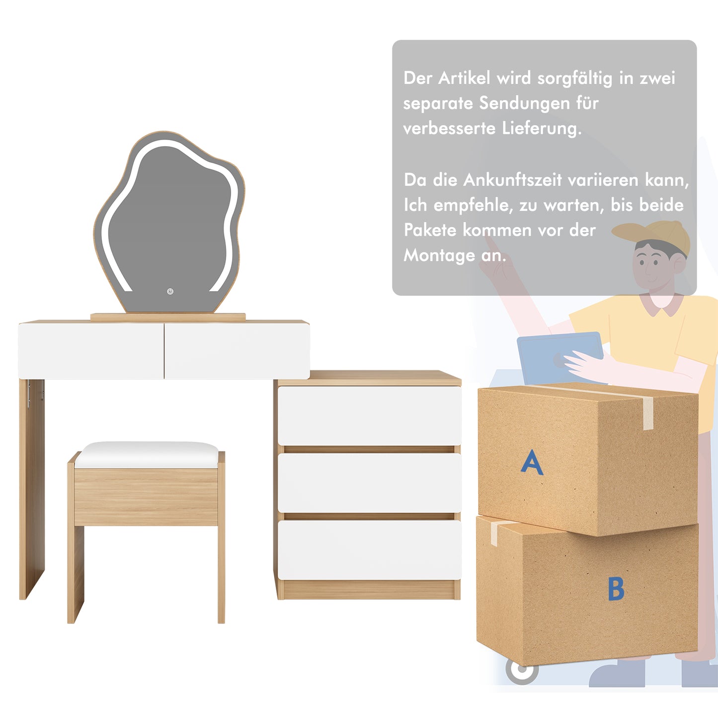 ALFORDSON Frisiertisch-Hocker-Set Schminktisch LED Spiegel Schrank Schlafzimmer