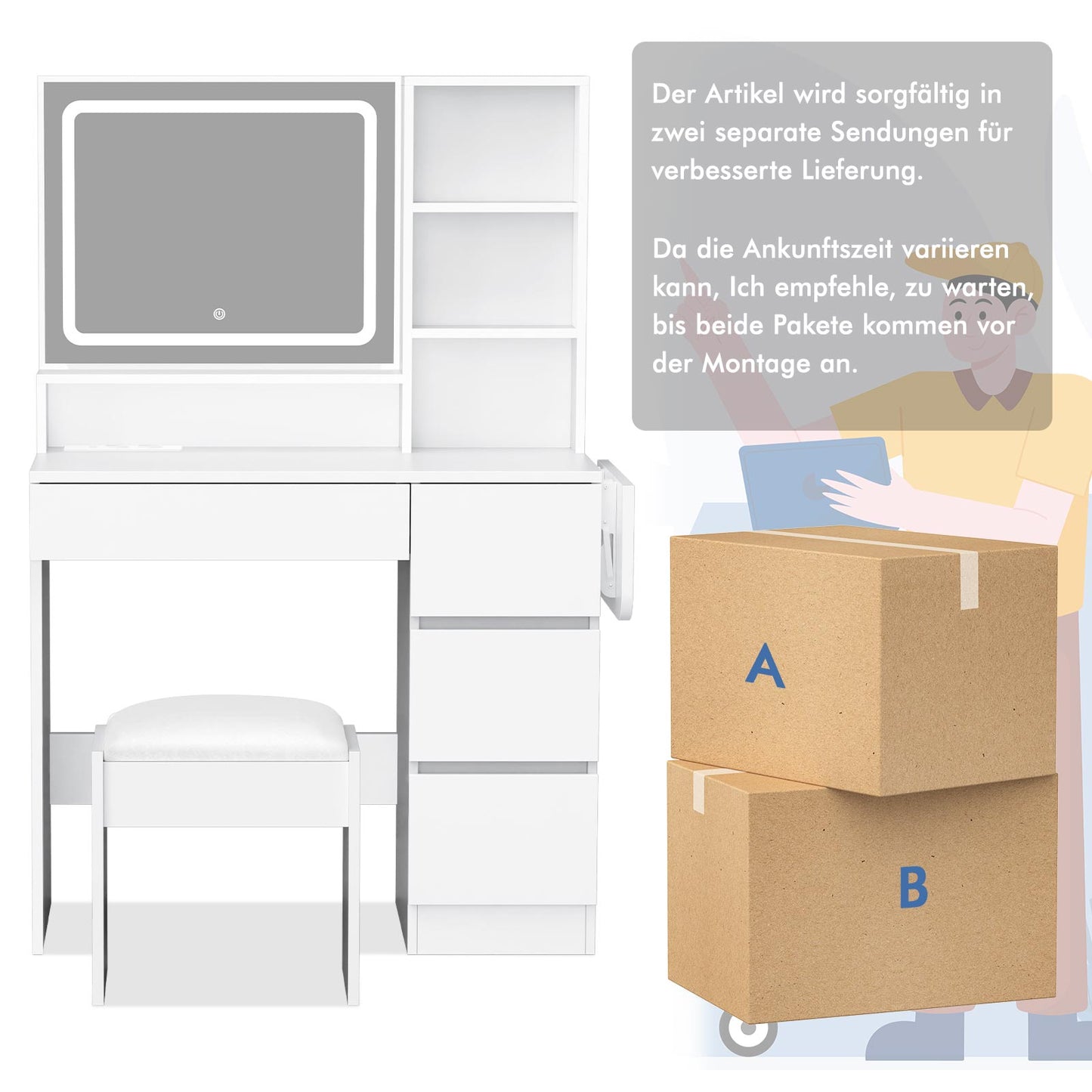 ALFORDSON Frisiertisch-Hocker-Set Schminktisch LED Spiegel Schrank Schlafzimmer