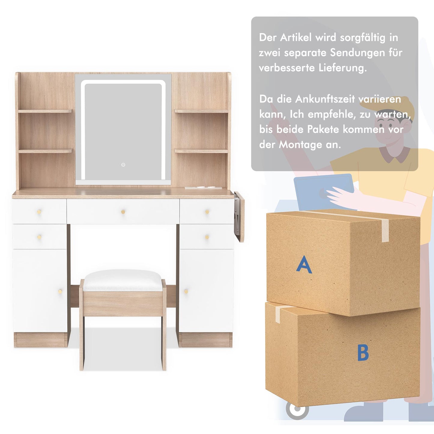 ALFORDSON Frisiertisch-Hocker-Set Schminktisch LED Spiegel Schrank Schlafzimmer