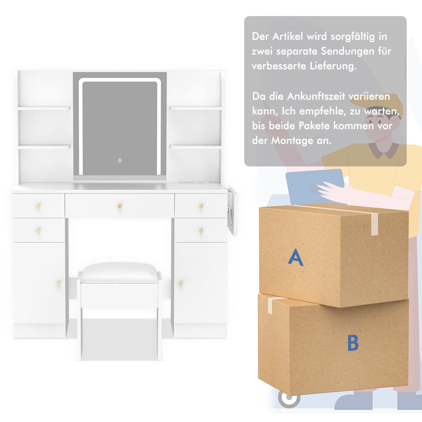 ALFORDSON Frisiertisch-Hocker-Set Schminktisch LED Spiegel Schrank Schlafzimmer