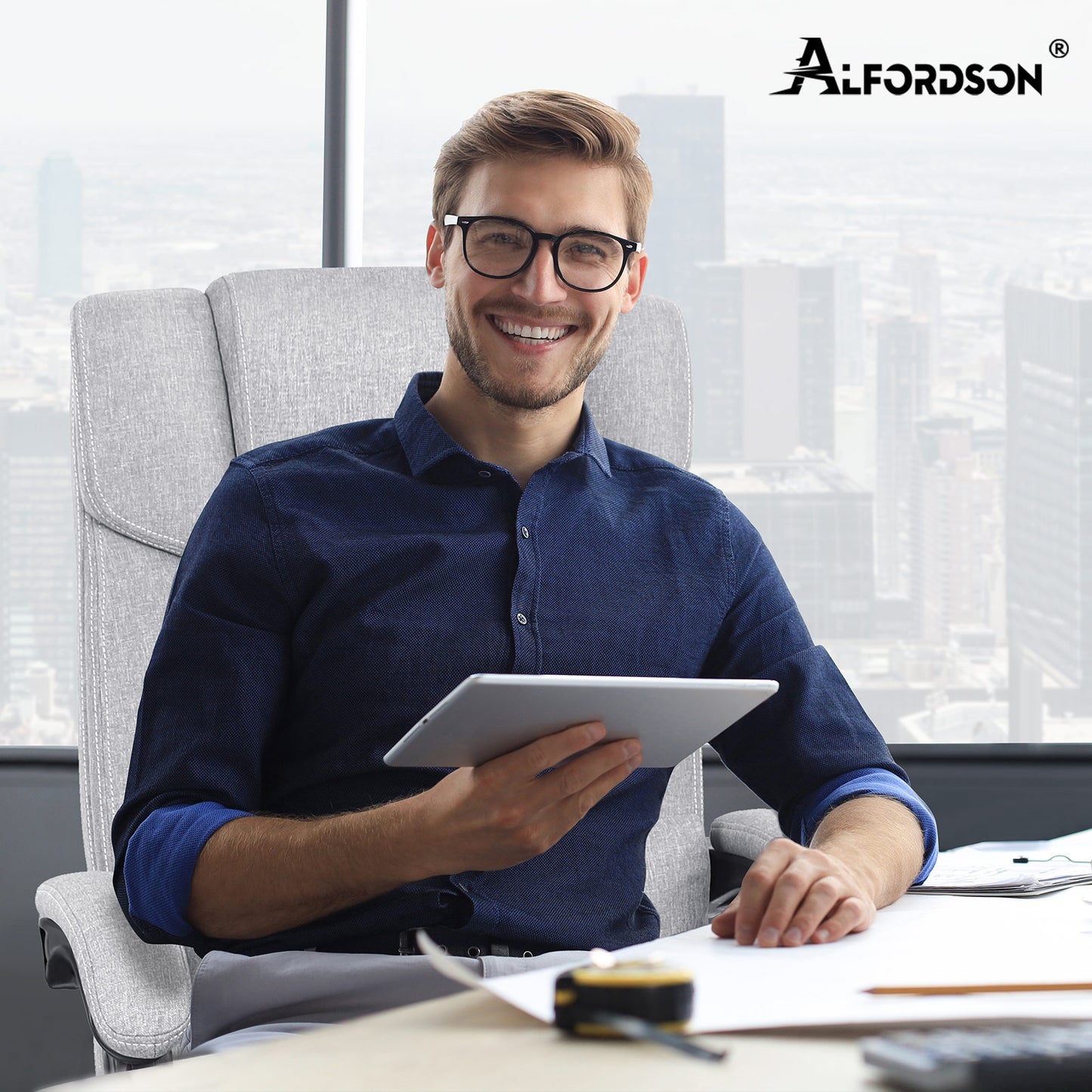 Silla de oficina ALFORDSON ejecutiva para juegos de computadora, asiento de tela, reclinable, gris