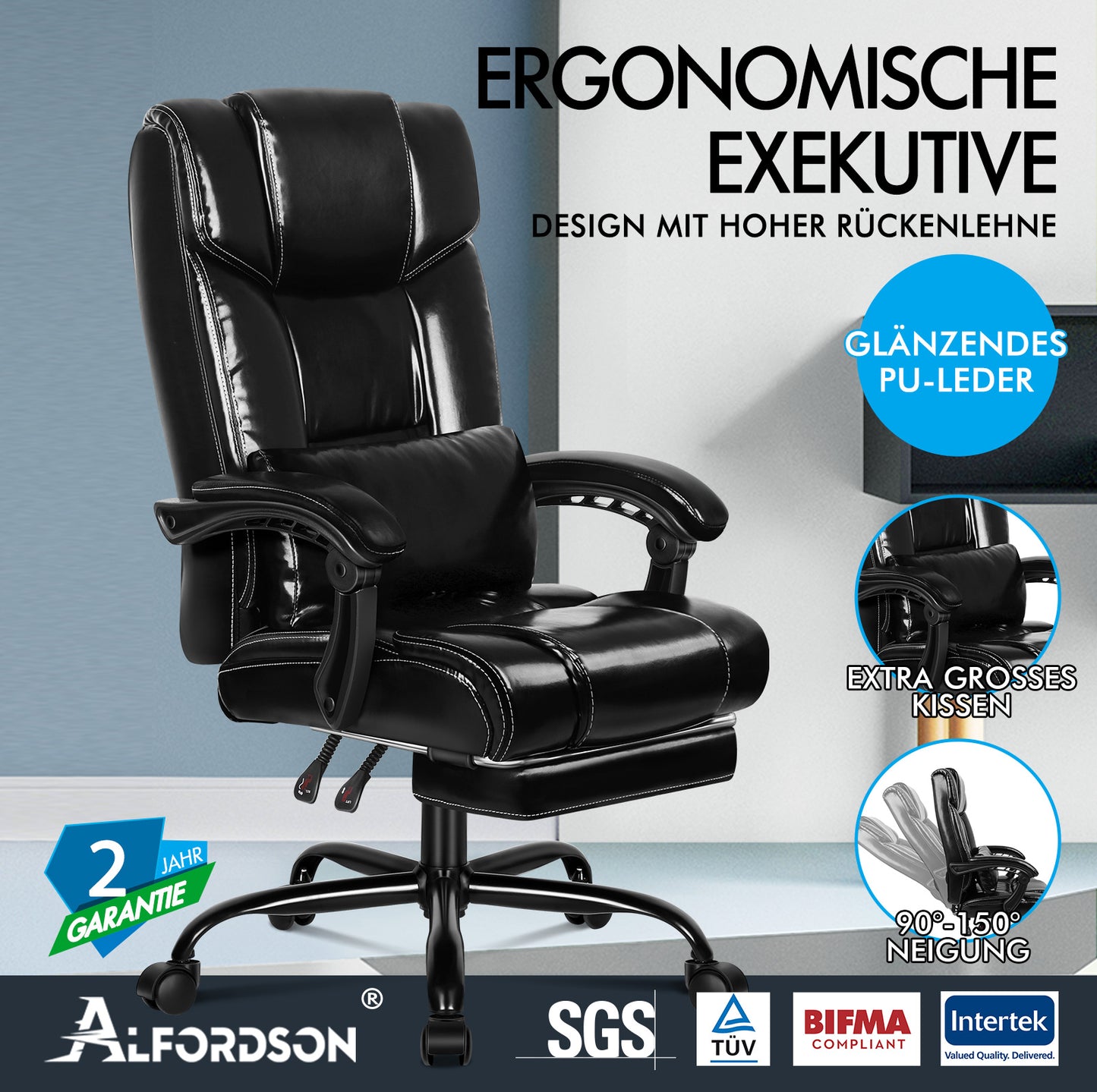 ALFORDSON Bürostuhl Exekutive Computer Spielen PU-Ledersitz Recliner Schwarz