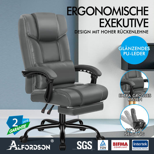 ALFORDSON Bürostuhl Exekutive Computer Spielen PU-Ledersitz Recliner Grau