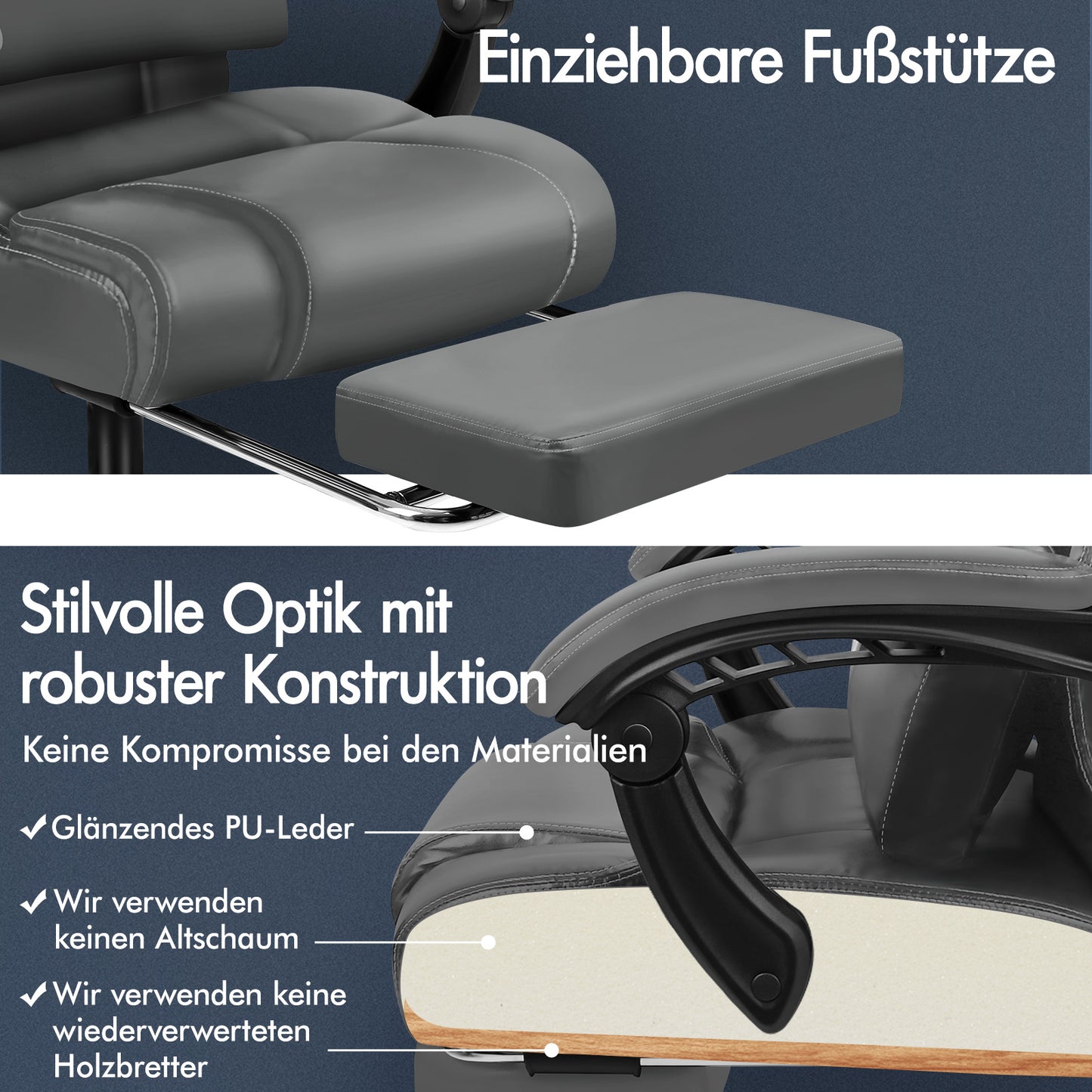 ALFORDSON Bürostuhl Exekutive Computer Spielen PU-Ledersitz Recliner Grau
