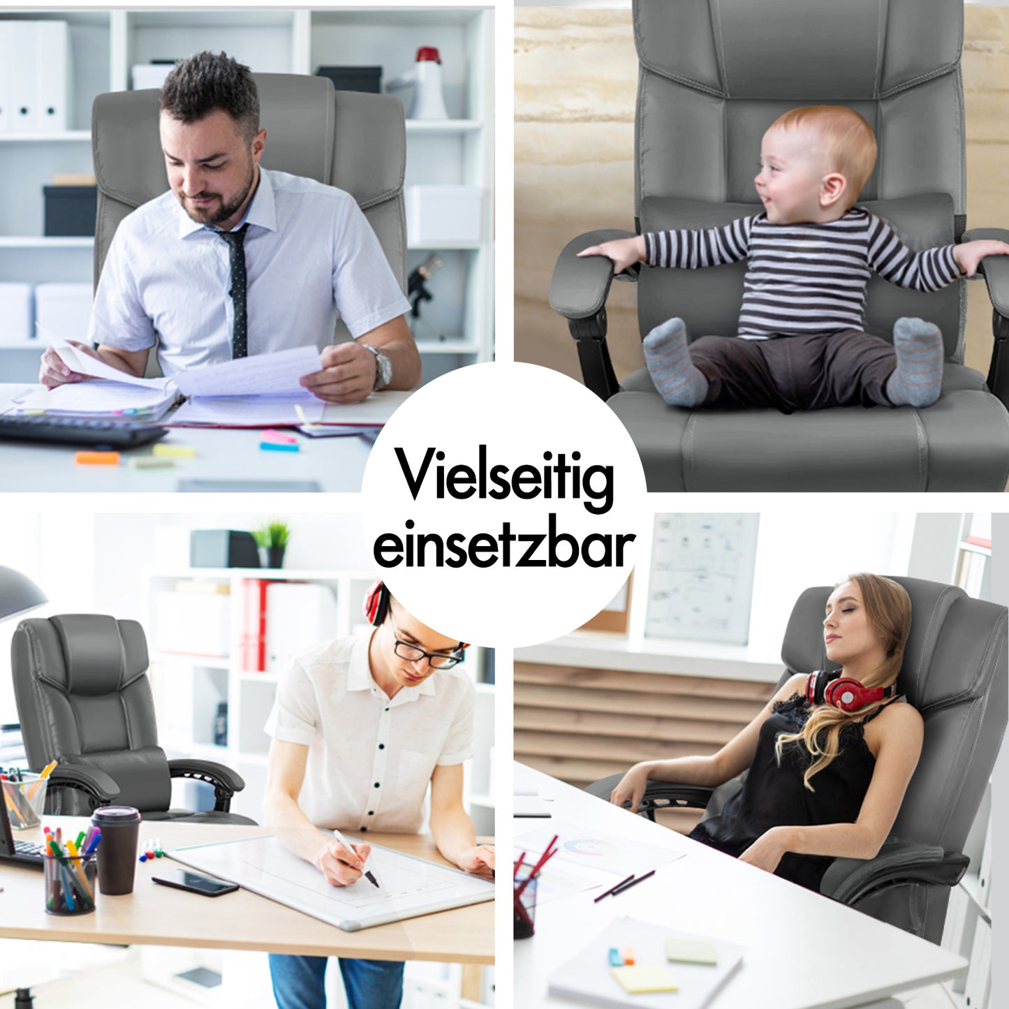 ALFORDSON Bürostuhl Exekutive Computer Spielen PU-Ledersitz Recliner Grau