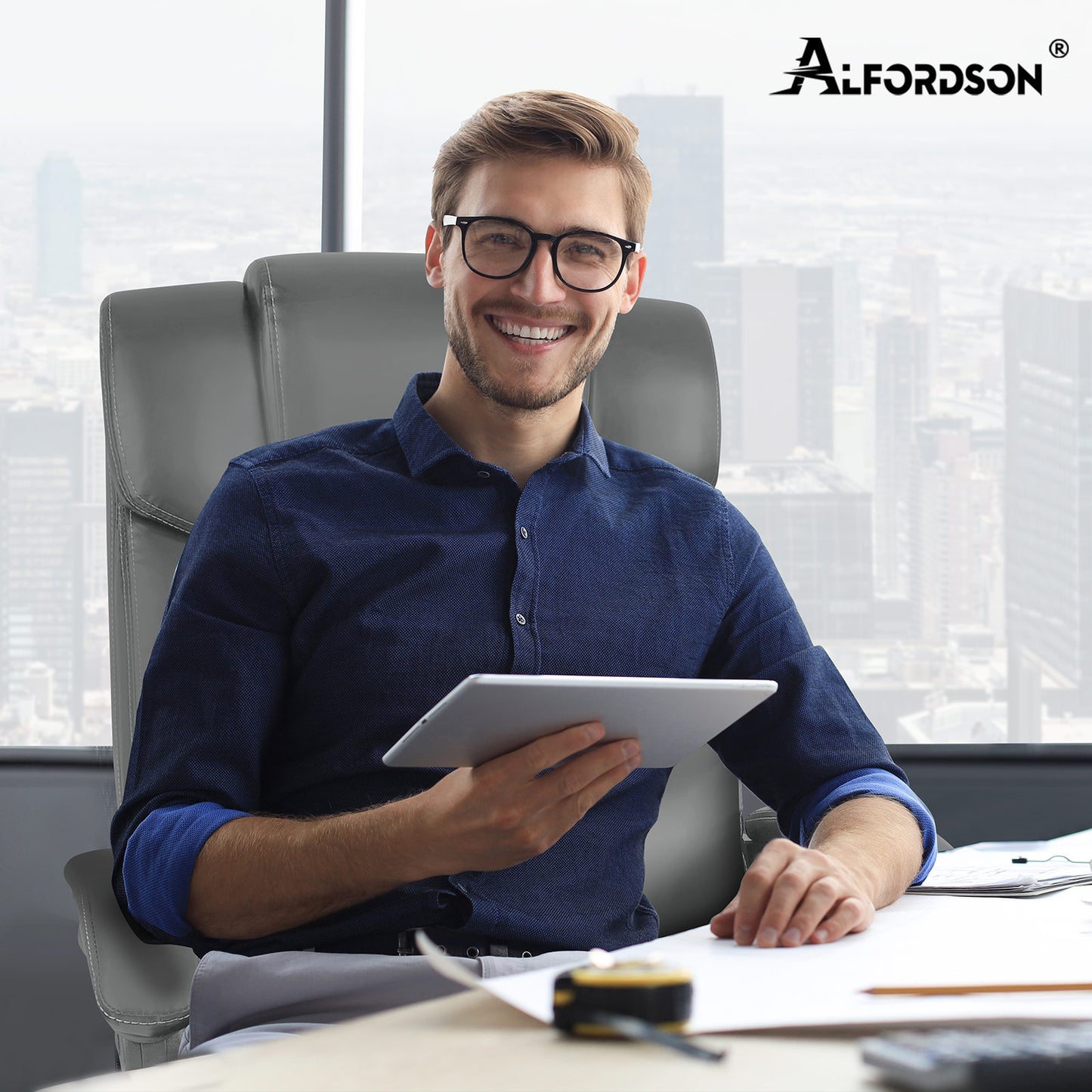 Silla de oficina ALFORDSON ejecutiva para juegos de ordenador, asiento de cuero sintético, reclinable, color gris