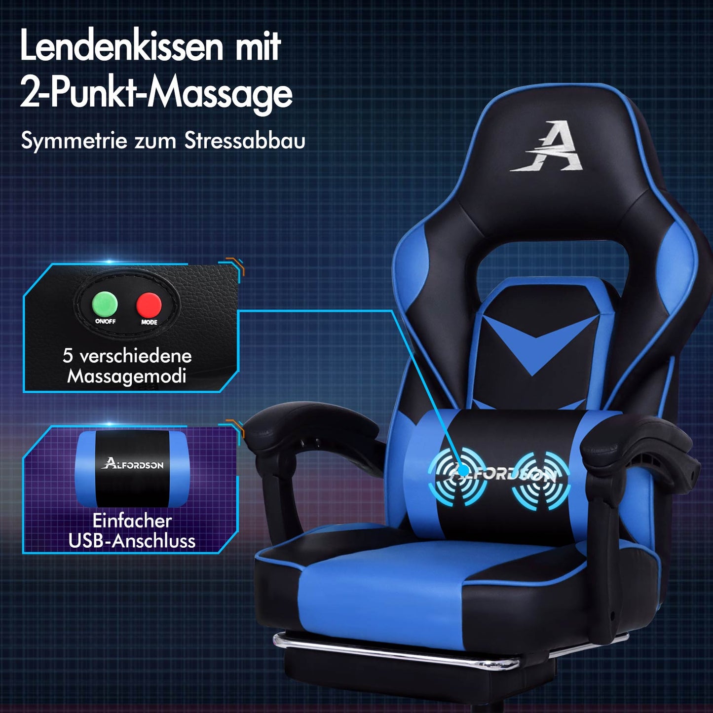 ALFORDSON Gaming-Stuhl Bürostuhl Dicke Polsterung Fußstütze Exekutive Blau
