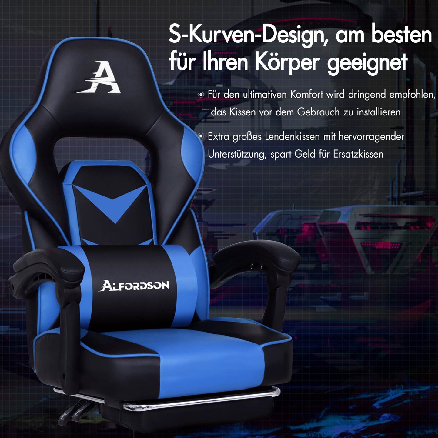 ALFORDSON Gaming-Stuhl Bürostuhl Dicke Polsterung Fußstütze Exekutive Blau