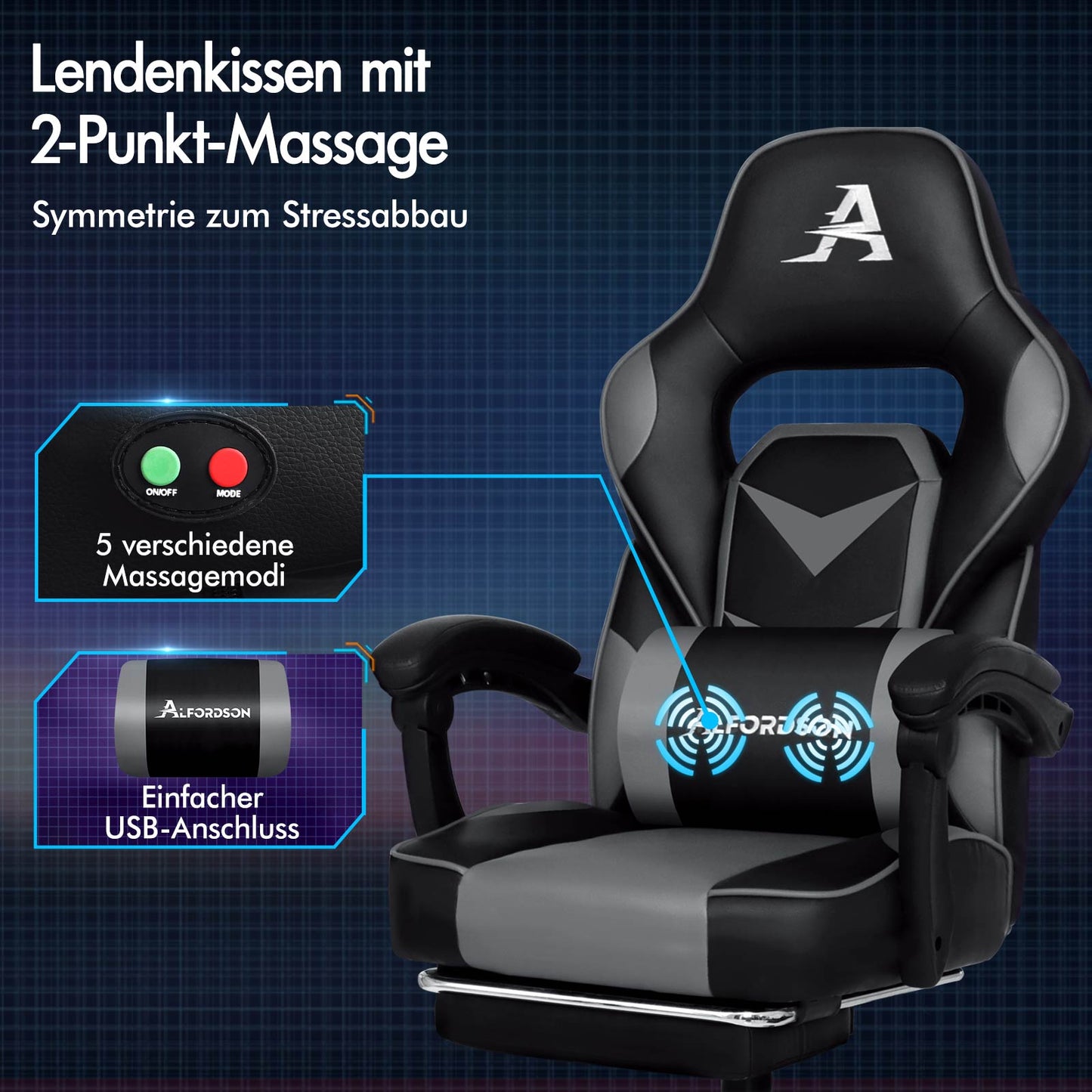 ALFORDSON Gaming-Stuhl Bürostuhl Dicke Polsterung Fußstütze Exekutive Grau